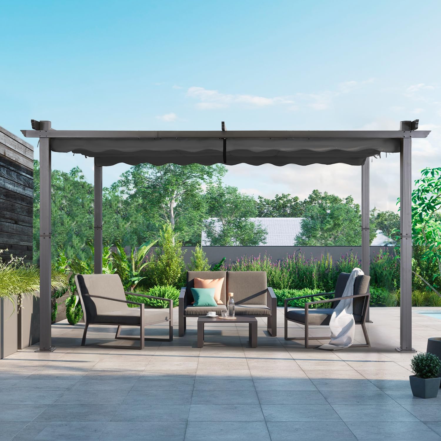 Angel Living Garten Pergola 3 x 4 m Pavillon Gartenpavillon aus Aluminium in anthrazit, Dachrohre aus Stahl, Verstellbares Dach aus Polyester Grau