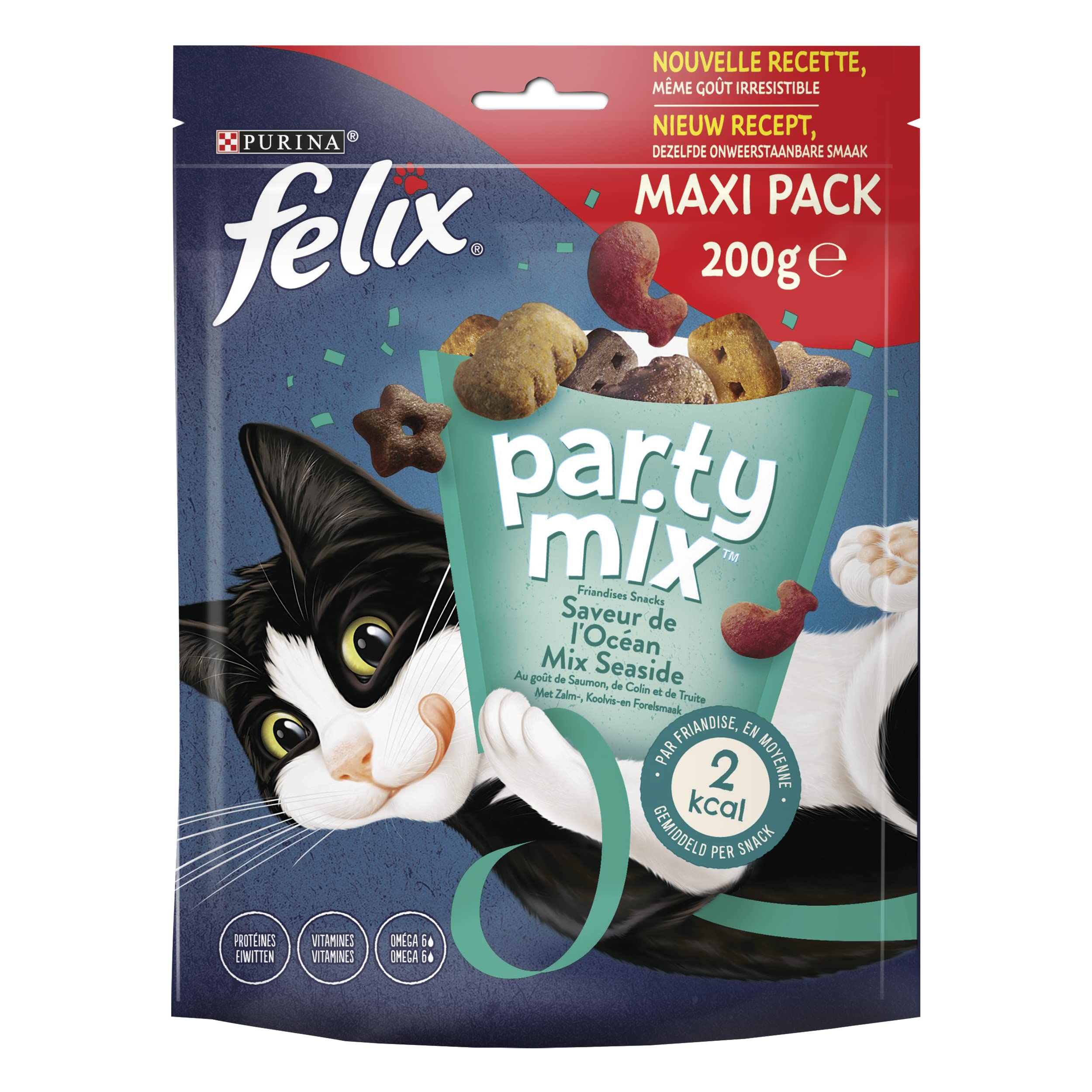 Felix | Party Mix | Friandises pour Chat Adulte | Riches en protéines, vitamines, acides Gras et oméga 6 | Saveur de l'Océan au goût irrésistible : Saumon, Colin, Truite | Sac | Lot de 5 x 200g
