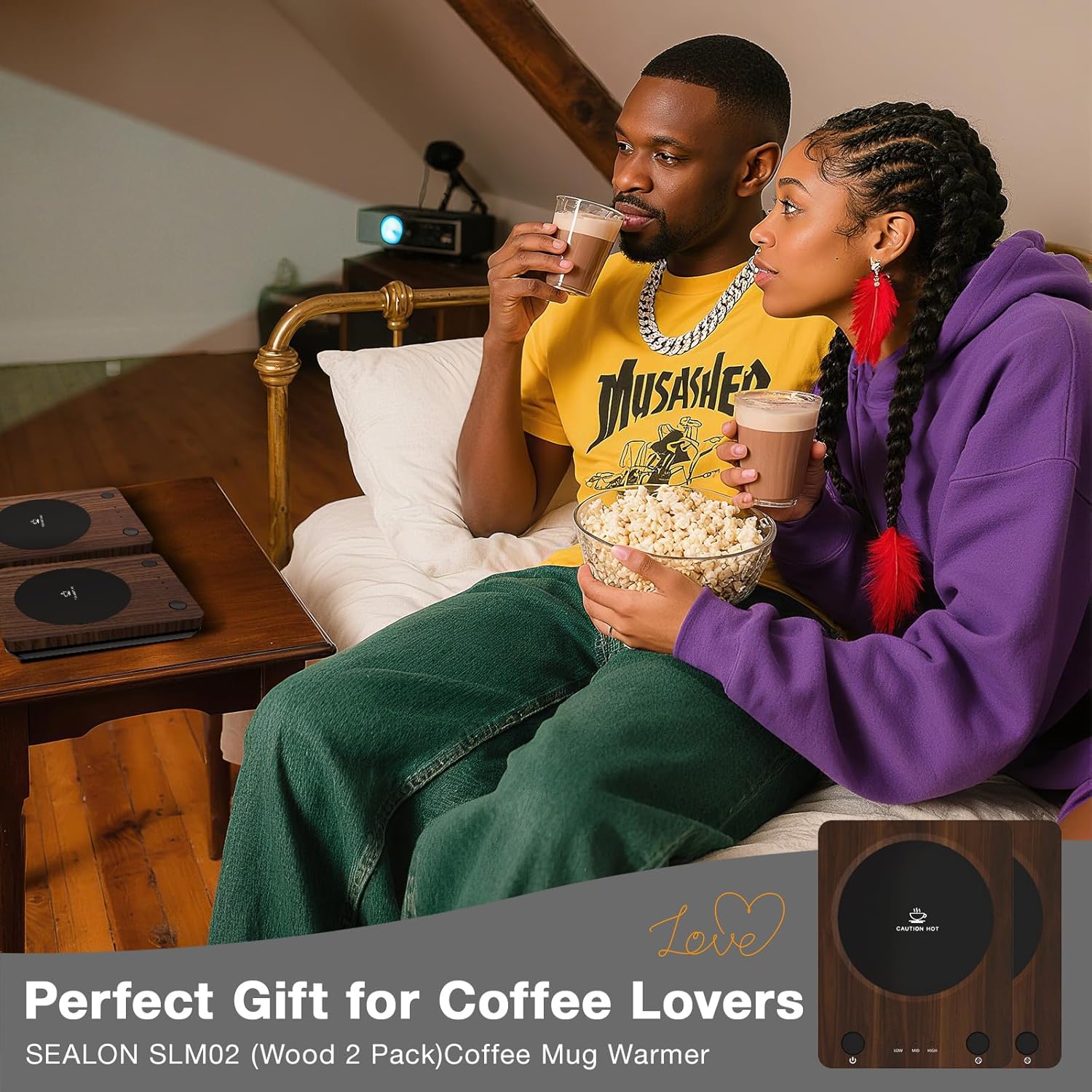 SEALON SLM02 Electric Coffee Mug Warmer (Wood, 2-Pack) - 3-Temperature Desk Cup Warmer with Auto Shut-Off (4 Hours) for Heating Coffee, Tea, Milk & Beverages