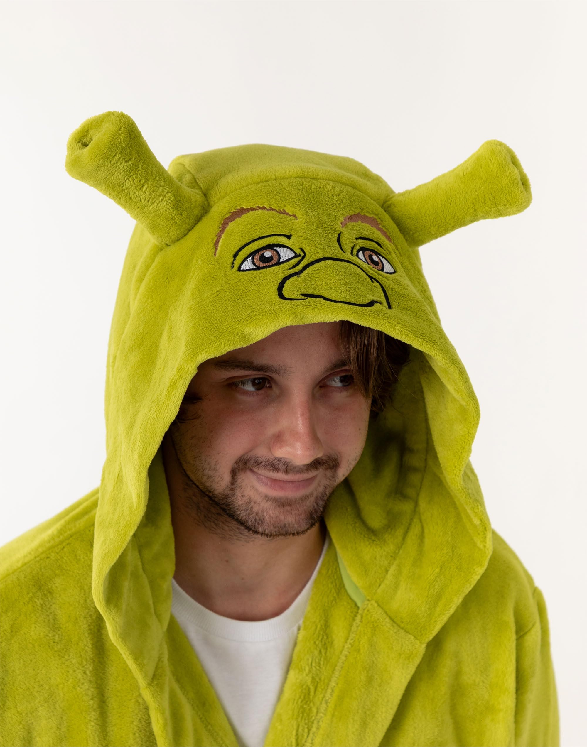 Shrek Albornoz verde con capucha | Acogedora bata de polar unisex para adultos con orejas 3D en la capucha | Diseño inicial S | Perfecta para relajarse en casa o para ver películas