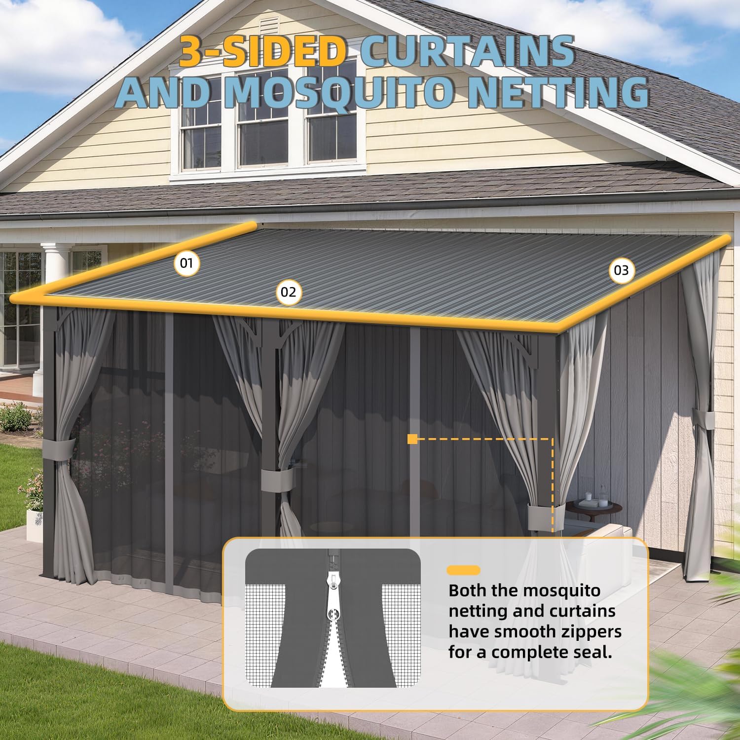 AECOJOY 14'x12' Outdoor Hardtop Metal Gazebo with Curtains and Netting for Patio, Large 12x14 Lean to Heavy Duty Wall Mounted Pergolas and Grill Gazebos Clearance, Patio Steel Roof Awnings for Decks
