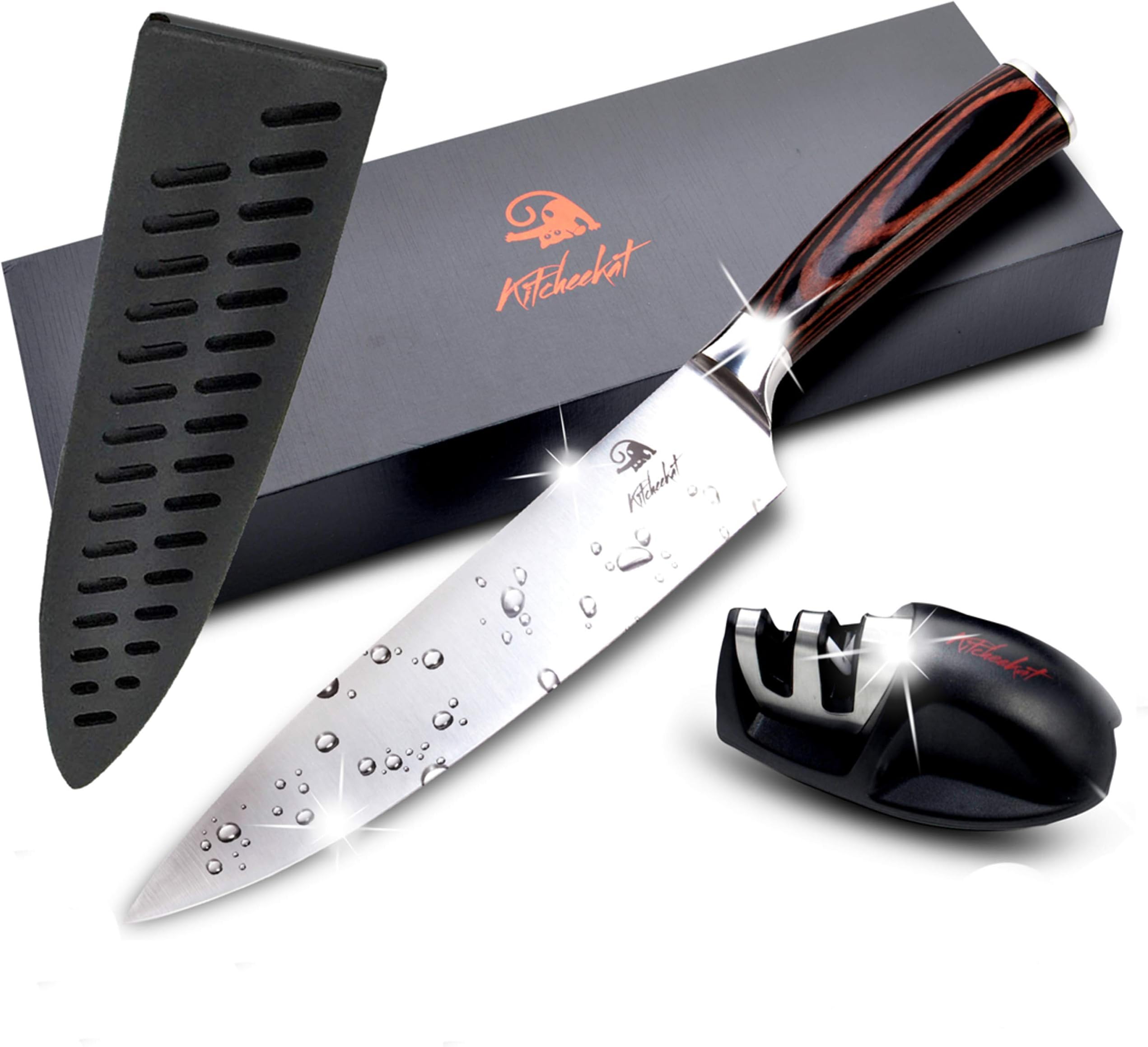 Chef's Knife 8 Inch With Sharpener Plus Cover Sheath| Kitchen Knife Professional Grade Crafted From Stainless Steel | No Slip Grip Balanced Full Tang Pakkawood Handle!