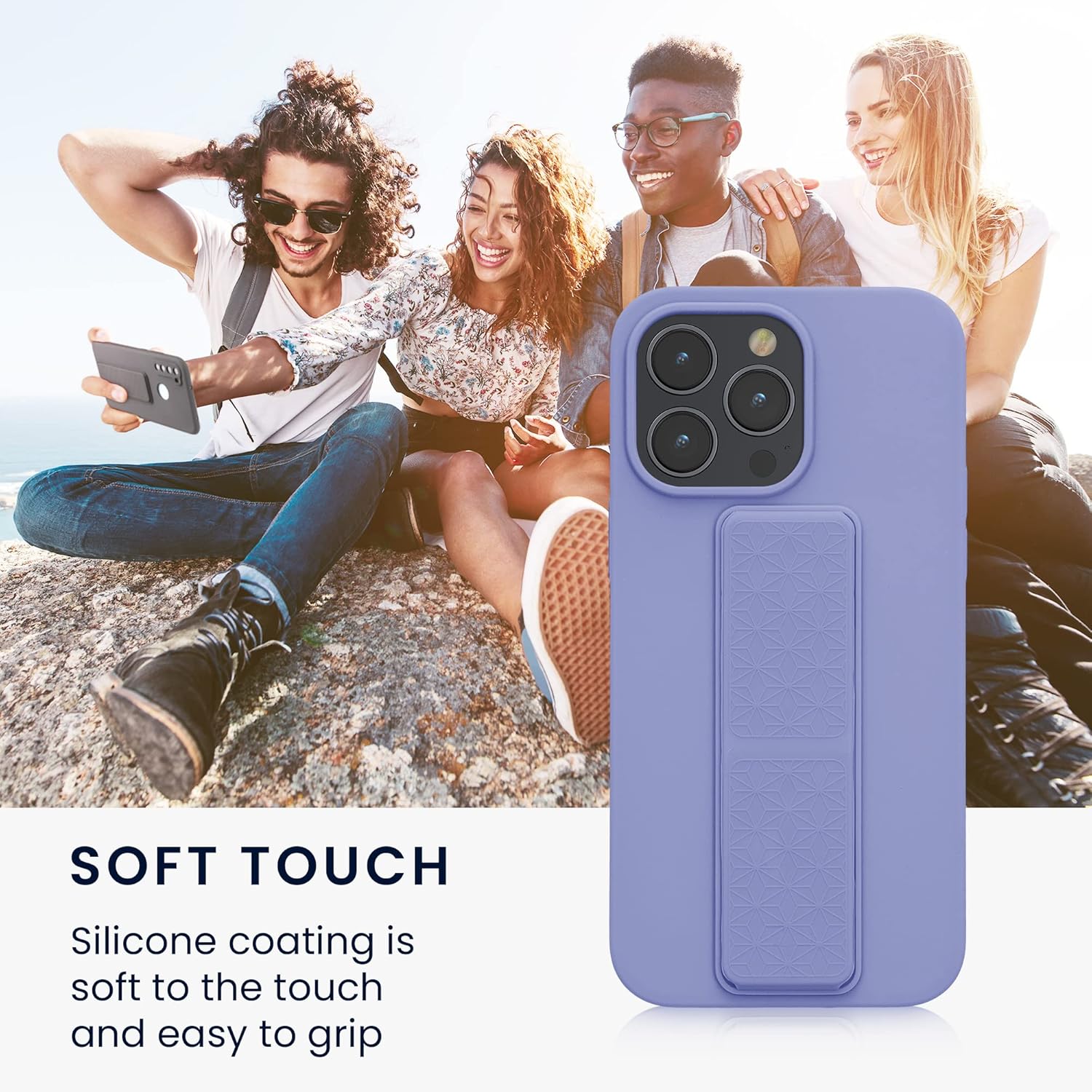 kwmobile Case Compatible with Apple iPhone 14 Pro Max - Case with Hand Strap and Stand Soft TPU Silicone Coating - Lavender - Image 5