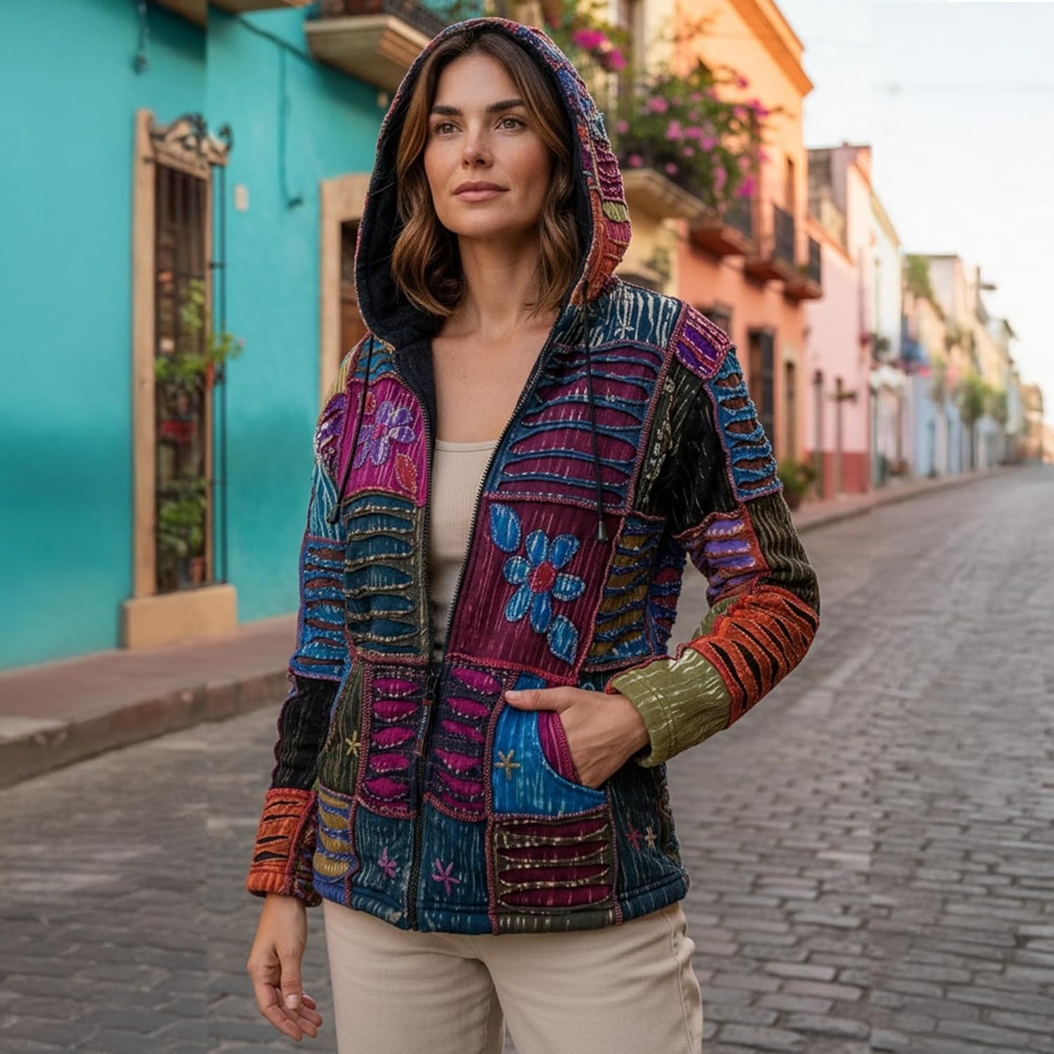 Agan Traders 2026 Embroidered Jackets for Women - Bohemian Gypsy Hippie Patchwork - Fleece Insulated Zip Up Womens Hoodies - Image 2