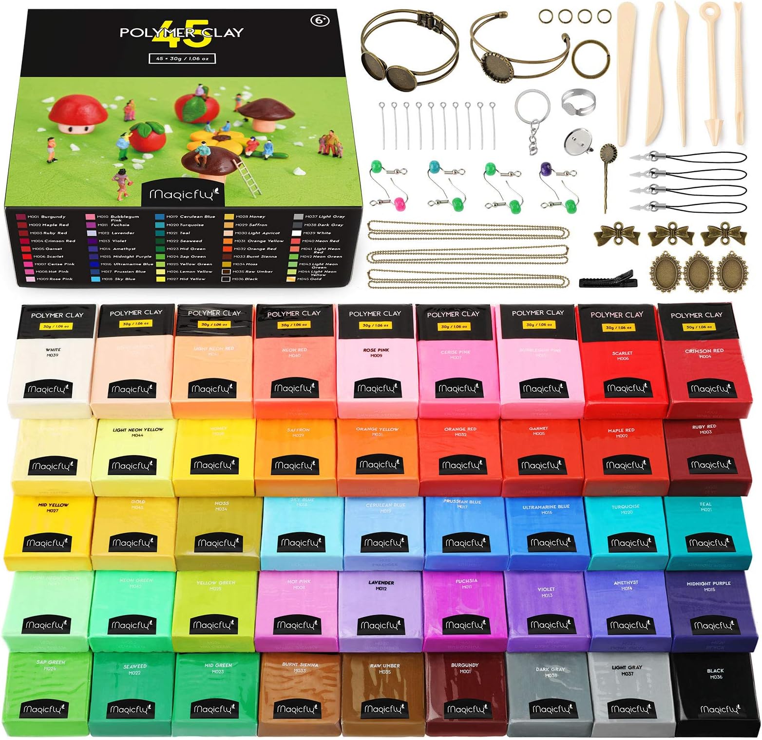 Magicfly Polymer Clay Starter Kit, 45 Colors Oven Bake Clay with 5 Modeling Tools and 40 Jewelry Accessories, Safe and Nontoxic DIY Baking Clay Blocks