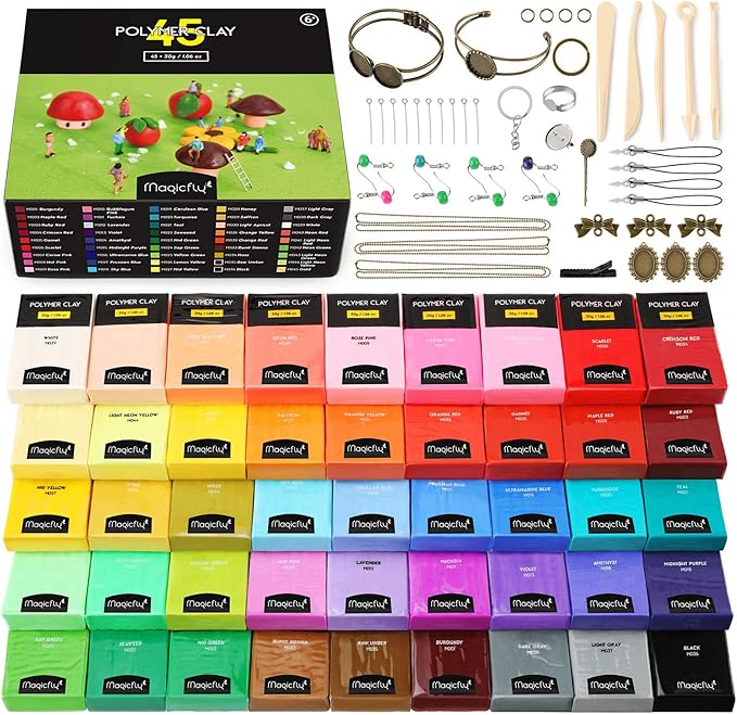Magicfly Polymer Clay Starter Kit, 45 Colors Oven Bake Clay with 5
