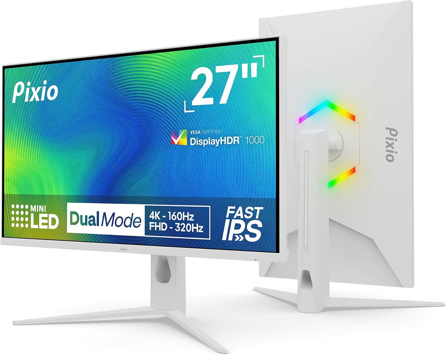 Pixio PX27UM Mini LED White 27 inch Dual Mode UHD 4K 160Hz/FHD 1920x1080 320Hz Fast IPS Panel 1ms GTG Response Time Gaming Monitor with Adaptive Sync HDR and Fully Adjustable Stand