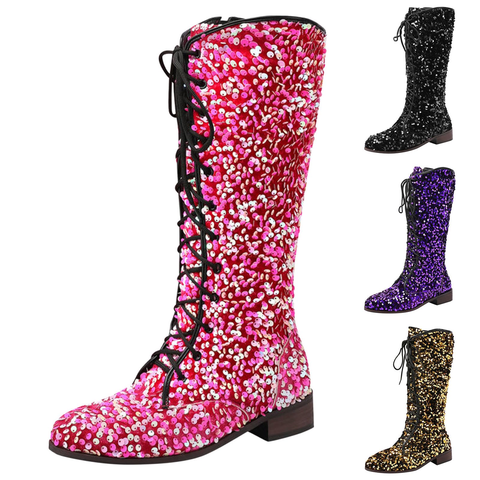 Botki damskie, buty do połowy łydki, z cekinami, dekoracja retro, z koronką, grube obcasy, niskie obcasy, wygodne buty gumowe