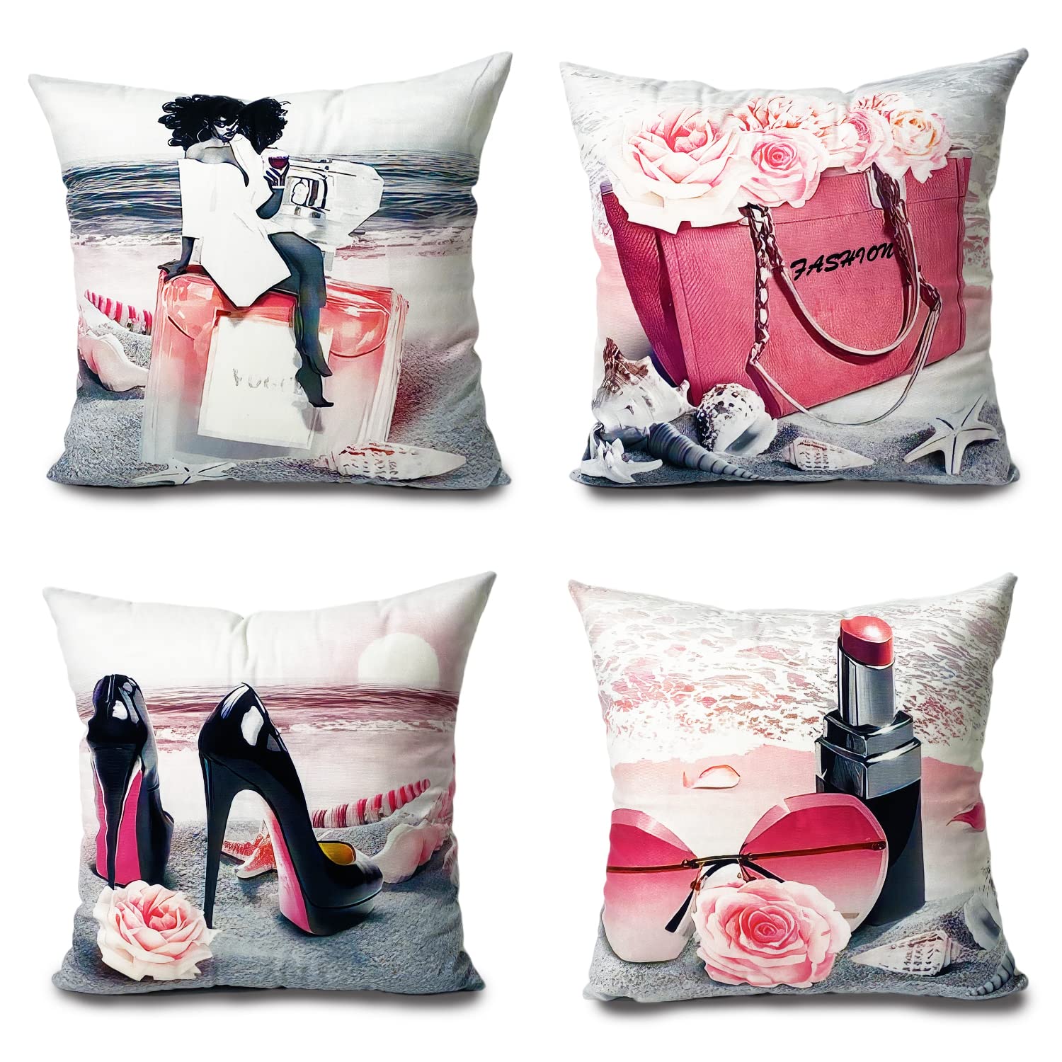 BnhcoePink Black White Throw Pillow Covers African American 18 x 18 Square Pillow Cases Cover Black Girl on The Beach Pink Flowers, Perfume Handbags High Heels for Women Girl Bedroom Set of 4