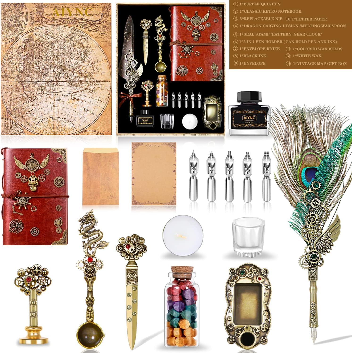 Lot de stylos à plume avec kit de tampon de cire pour ordinateur portable, kit de calligraphie, cadeau de calligraphie idéal pour les vacances (plume de paon)