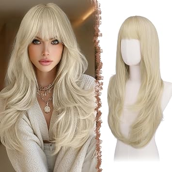FESHFEN Blonde Wig with Bangs for Women, Long Wavy Layered Hairstyle Synthetic Heat Resistant Wigs for Daily Party Use, Platinum Blonde 26 inch
