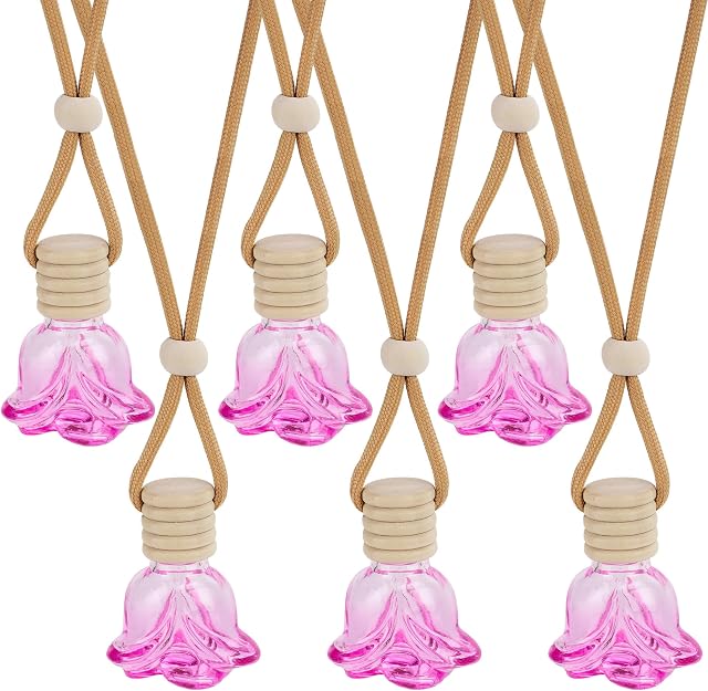 6Pcs Forme de fleur Air Freshener suspension de voiture, Aromathérapie de voiture bouteille de diffuseur d'huile essentielle, bouteilles de parfum rechargeables Pendentif décoration intérieure automatique pour ornement de bouteille essentielle (puits)
