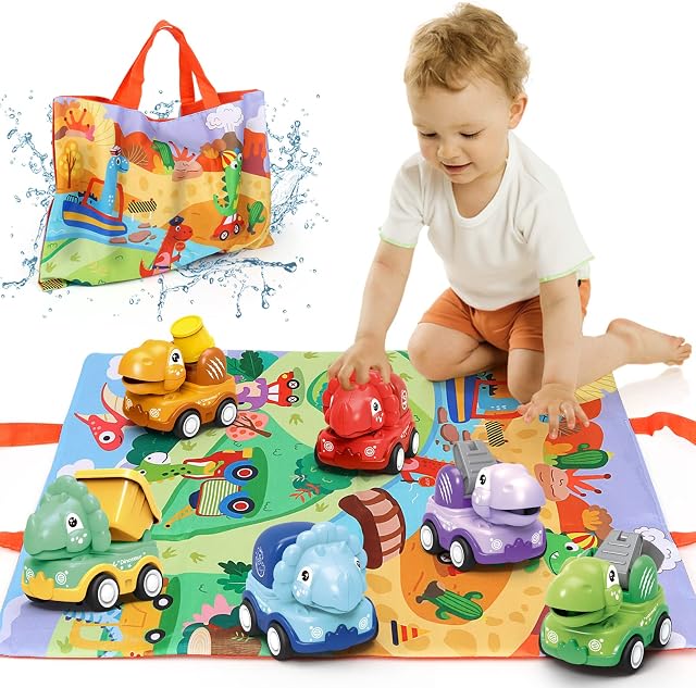 Dinosaur Cars for 2 Year Old Boys, Baby Dino Pull Back Trucks with Play Mat Storage Bag, 6 Pcs Friction Powered Construction Vehicles for Toddler, Kids Dino Truck Birthday Gift for Infant Girl Age 1-3