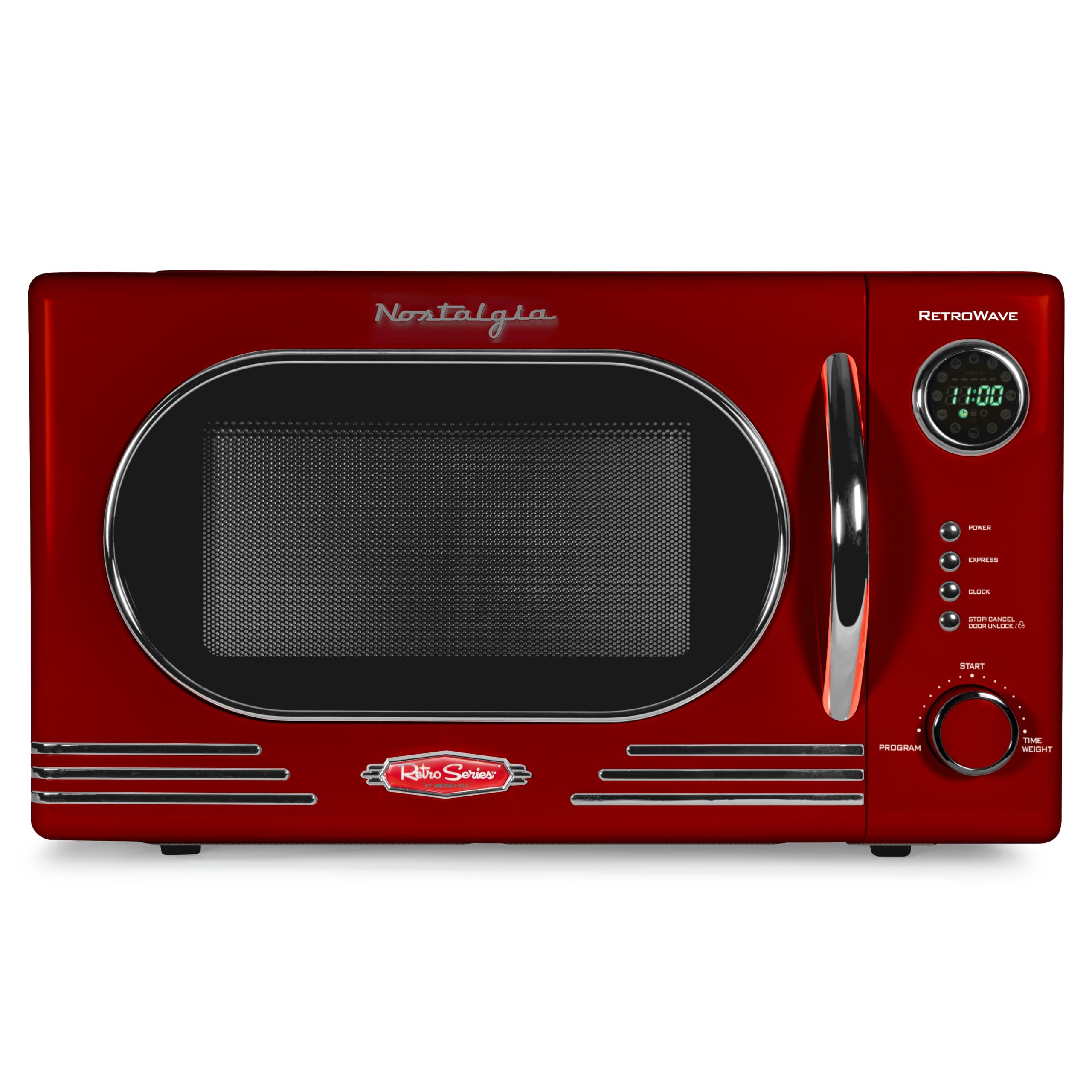 Nostalgia NRMO11RR6A 1000 Watt Power Retro Countertop Microwave Oven Easy to Clean with Removable Glass Turntable-Child Safety Lock-12 Programs-Digital Clock, 1.1 Cu Ft, Red