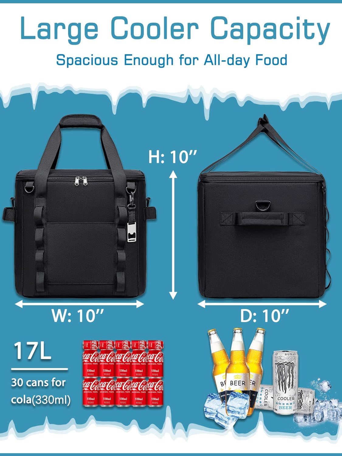 Insulated Soft Cooler Bag 12"x12"x12" Large Leakproof Soft Sided Ice Chest for Travel Beach Camping, 50 Cans Portable Cooler Box for Grocery Shopping, Road Trips