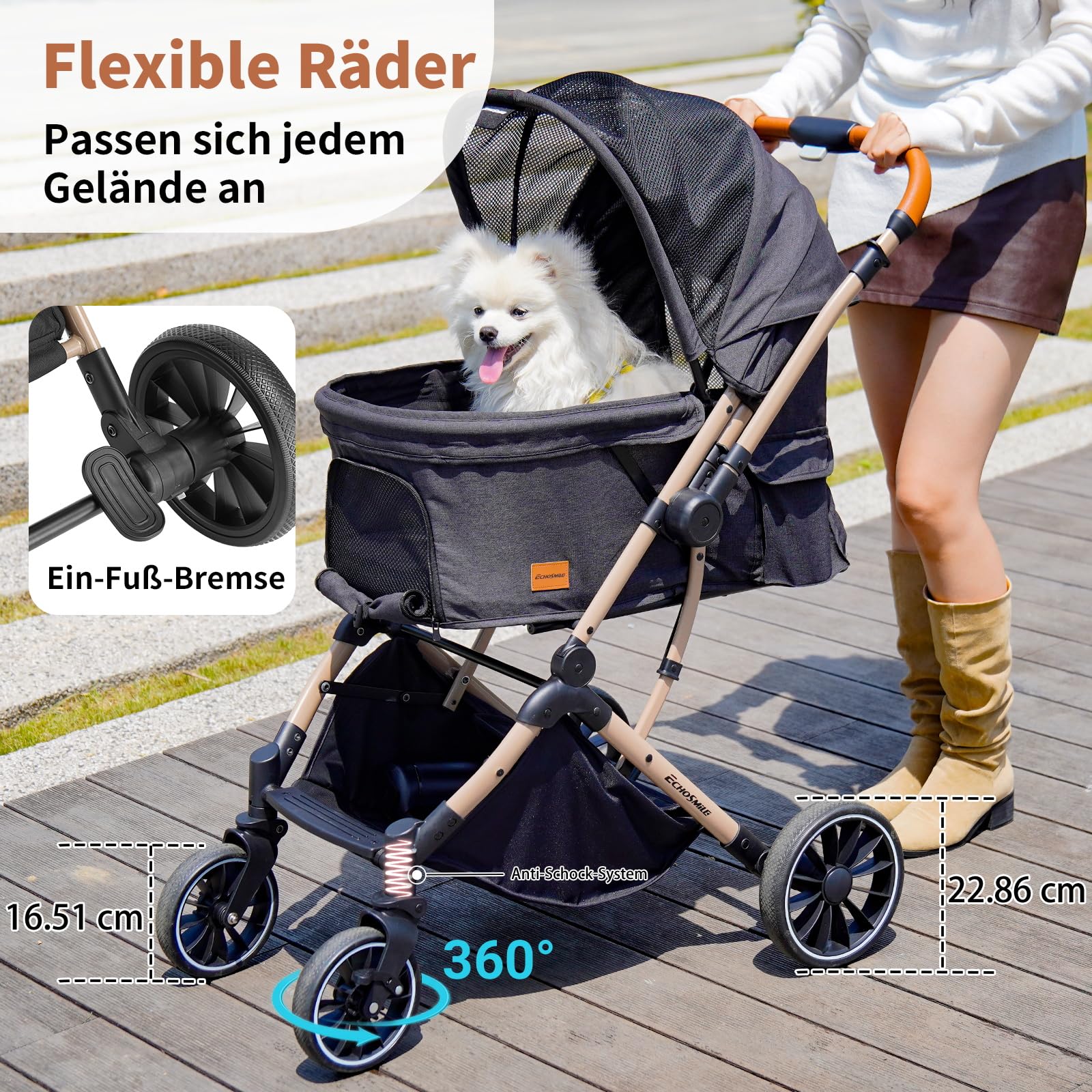 EchoSmile Ein-Knopf-Falt Hundewagen, Hundebuggy bis 20kg für kleine mittel Hunde & Katzen, Hunde Buggy & Katzenwagen mit Umkehrbarer Griff, Stoßdämpfung & Abnehmbares Waschbares Pad (Schwarz)