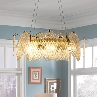 24 Contemporary Glass Chandelier, 8-Light Antique Brass Flush Mount Ceiling Lighting, 3-Tier Crystal Luxury Pendant Light Fixture for Farmhouse Kitchen Island Dinning Room Bar
