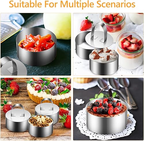 Miniatura 6 de Hemoton Juego de 8 moldes de acero inoxidable para tartas redondas, molde de mousse de acero inoxidable con 8 empujadores, moldes de anillo para