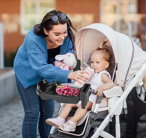 Miniatura 6 de Bandeja universal para refrigerios para cochecito, bandeja universal 3 en 1 para cochecito con soporte para teléfono con 2 ganchos, flexible con