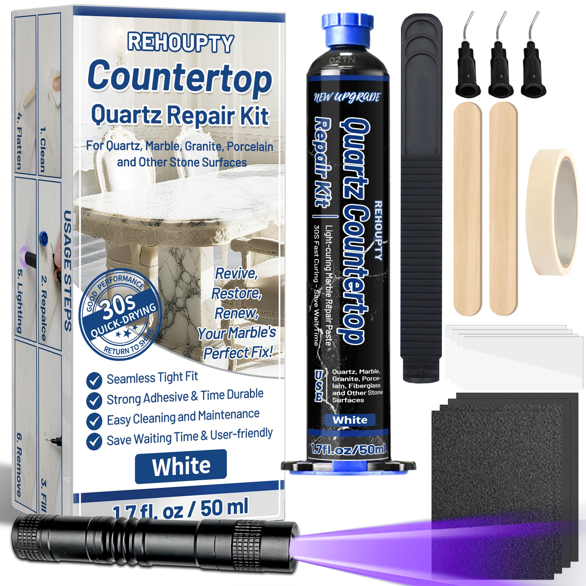 Quartz Countertop Repair Kit 1 7fl oz 50ml - 30s Fast Curing DIY Fix Quartz Chip Repair Kit