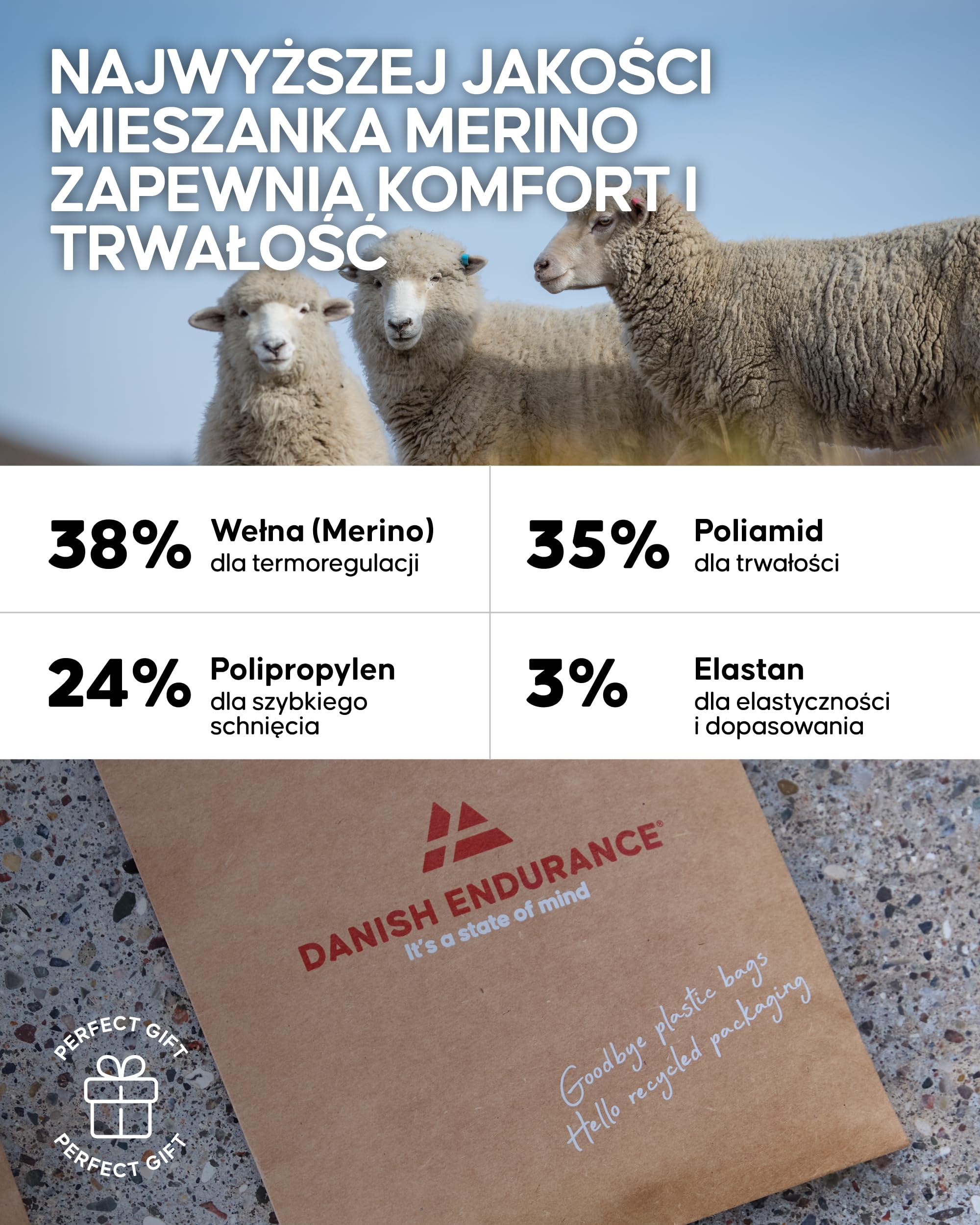 DANISH ENDURANCE Skarpety Trekkingowe Premium, Wełna Merino, Skarpety do Wędrówek, Damskie i Męskie 2-Pak