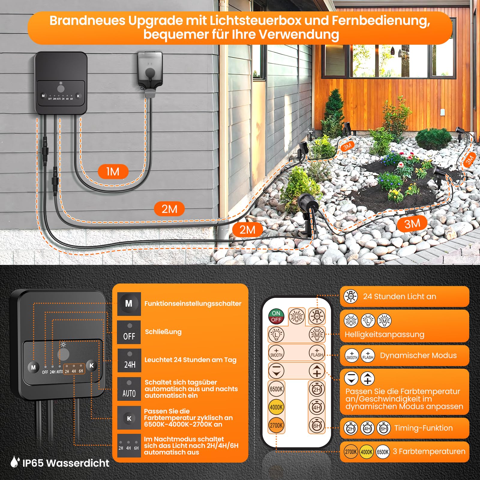 MEIKEE Gartenbeleuchtung 2700K 4000K 6000K 3 Helligkeit 2 Dynamische Modi | Auto On/Off IP66 Wasserdicht Timing-Funktion Gartenleuchte mit Fernbedienung Ideal für Außen, Garten, Terrasse, Baum 8 Stück