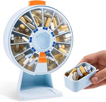 Pill Dispenser 14 Day Rotating Medicine Organizer Wheel with Push Button, Wall Mounted or Desktop Manual Pill Dispenser for Elderly & Seniors, Large Capacity Vitamin & Medication Organizer