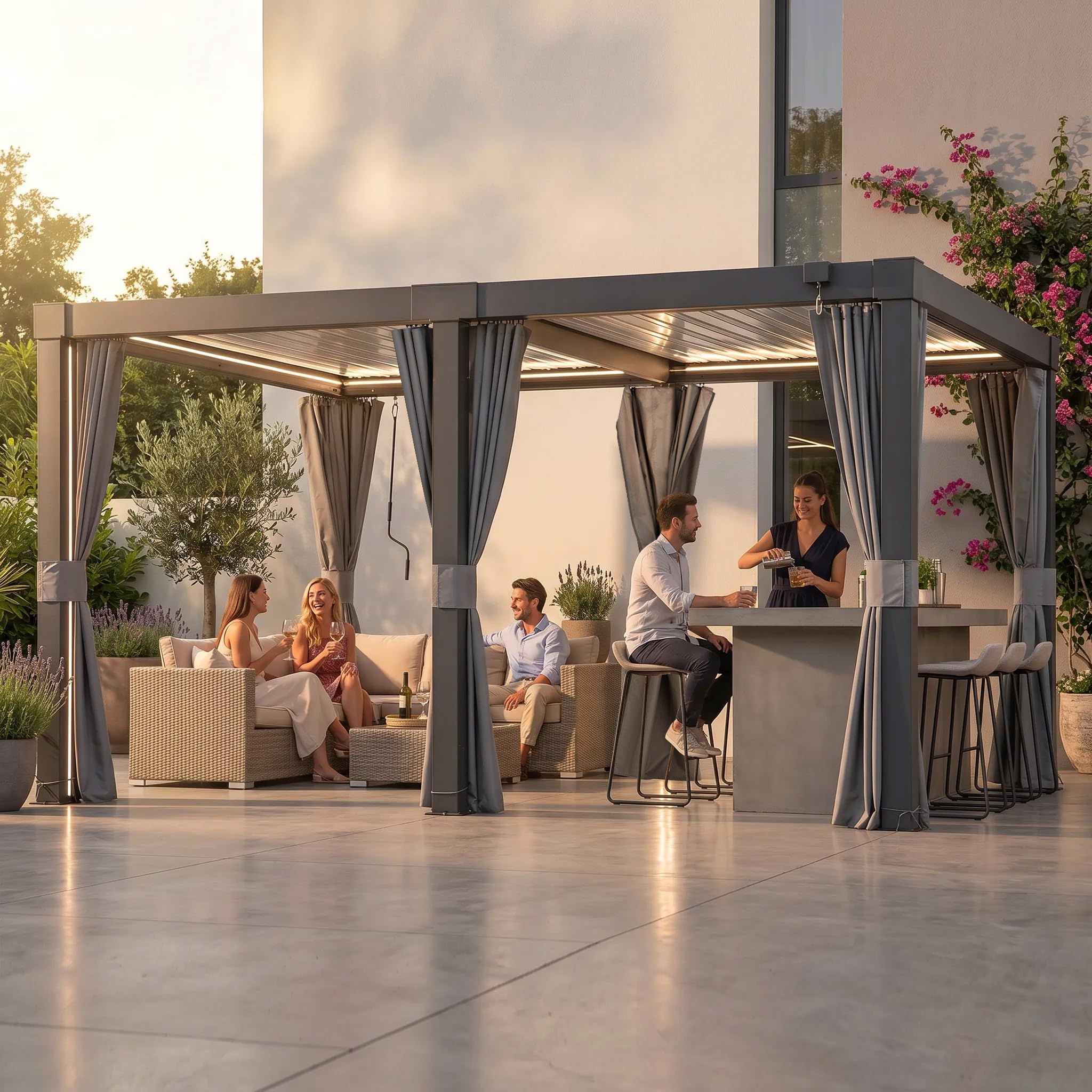 SUNJOY Pergola Ogrodowa 3x4m z zasłonami i siatką przeciwkomarową, Aluminiowa Altana Lamelowa Całoroczna, Ruchomy Dach z Regulacją Kąta, Solidny Pawilon Tarasowy, Antracyt