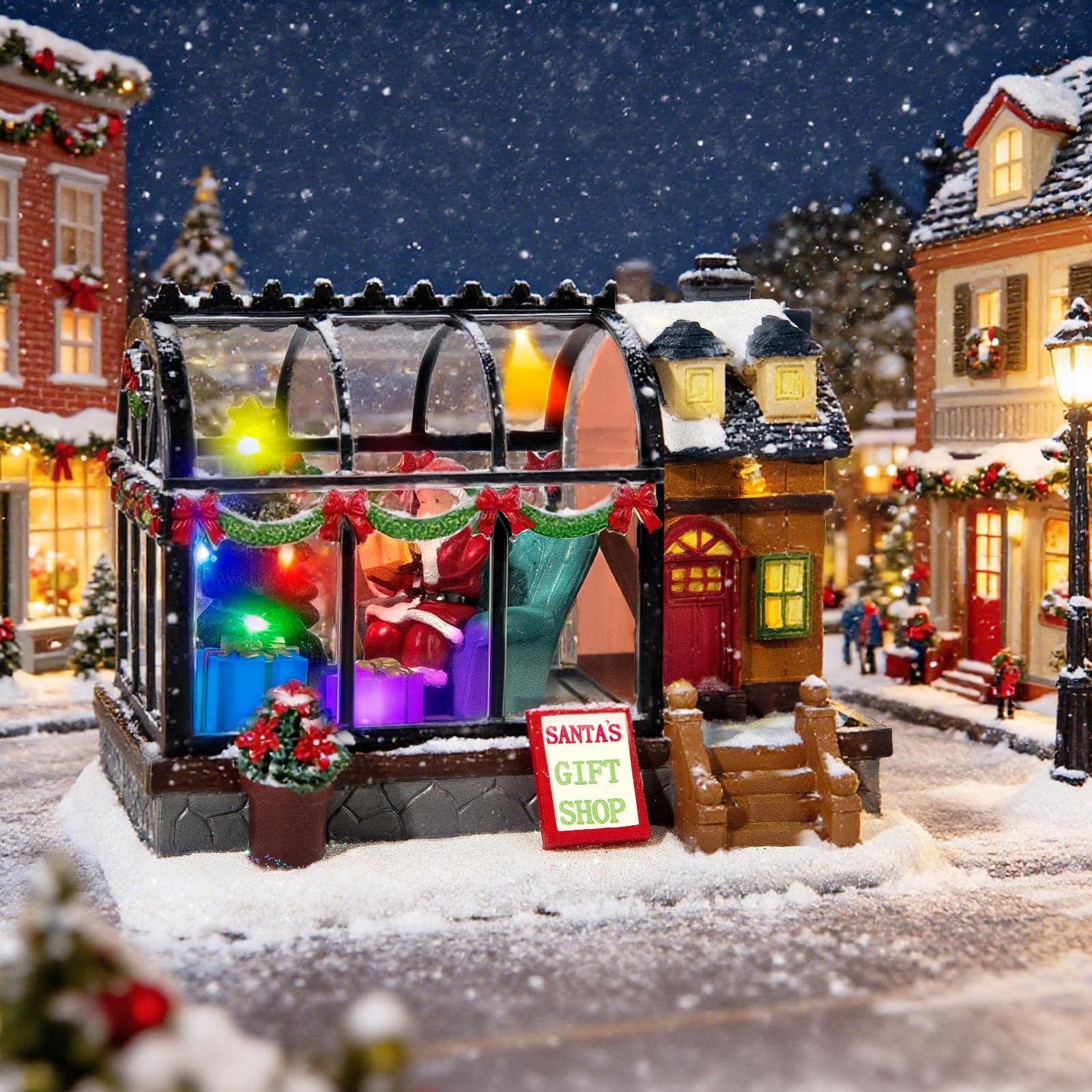 Serre de village de Noël éclairée par LED – Décoration de maison de village de Noël de 15,5 cm, bâtiments de collection pour décoration de vacances pour la maison, la salle de bal et le bureau