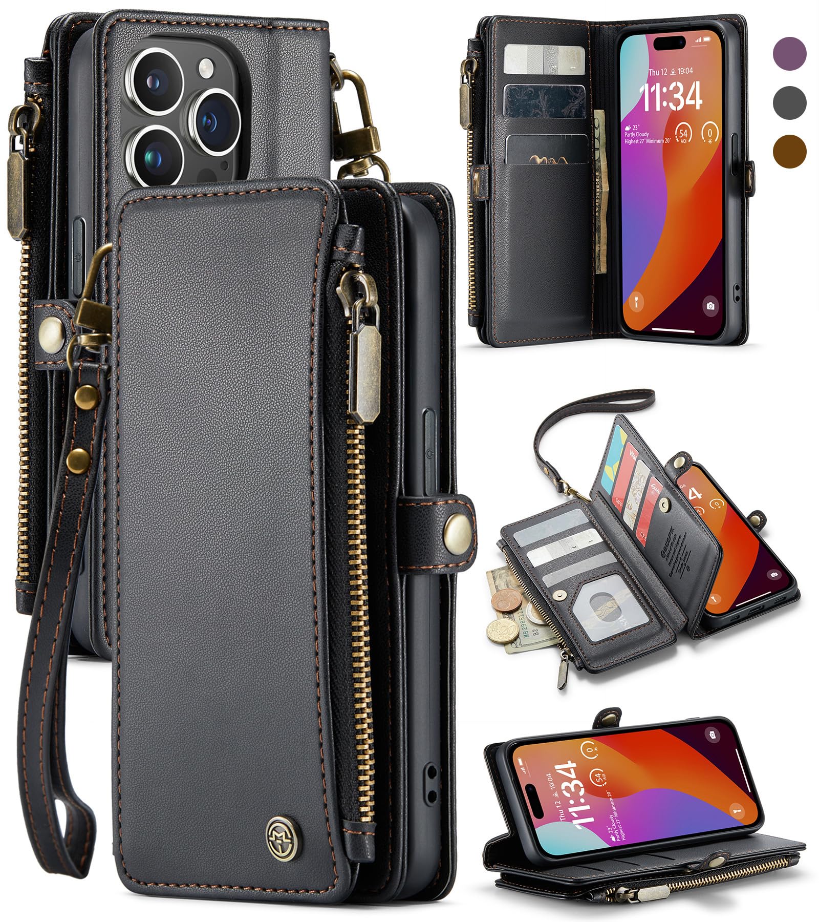 ELEPIK for iPhone 15 Pro Max Case, iPhone 15 Pro Max Wallet Case with Card Holder, Kickstand, Wristlet for Women Men, Durable PU Leather Magnetic Wallet Phone Case for iPhone 15 Pro Max, Fashion Black