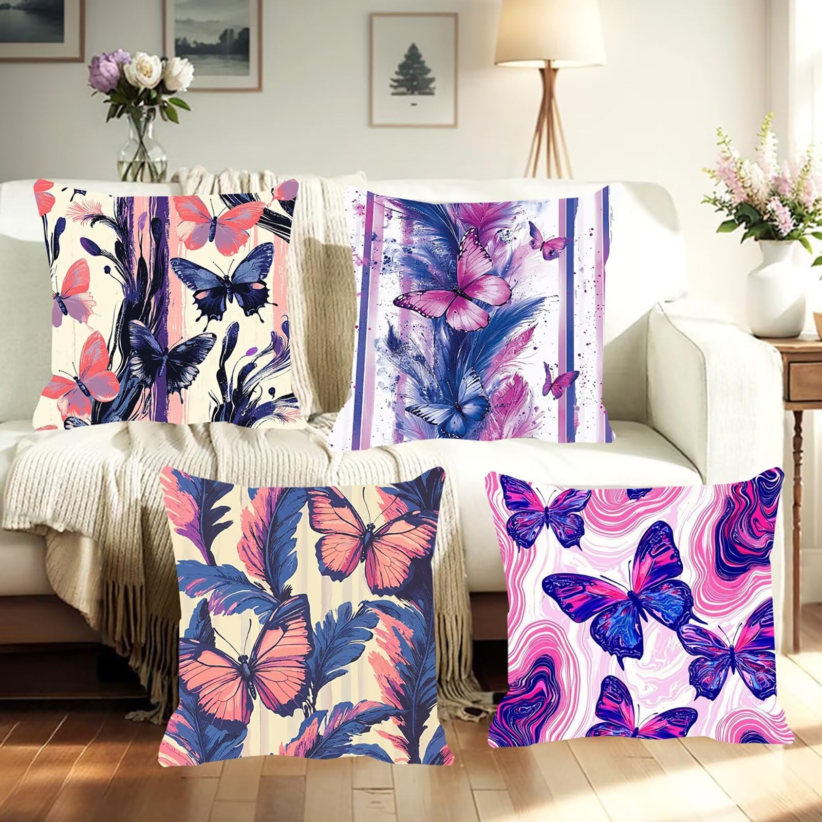 Lot de 4 Housses de Coussin Canapé 60x60cm Décoratives Double Face Taie d'oreiller en Velours Violet Coussin Carré Papillon 1 Taie d'oreiller pour Chambre, Bureau, Salon Canapé Voiture Ferme F0P-623