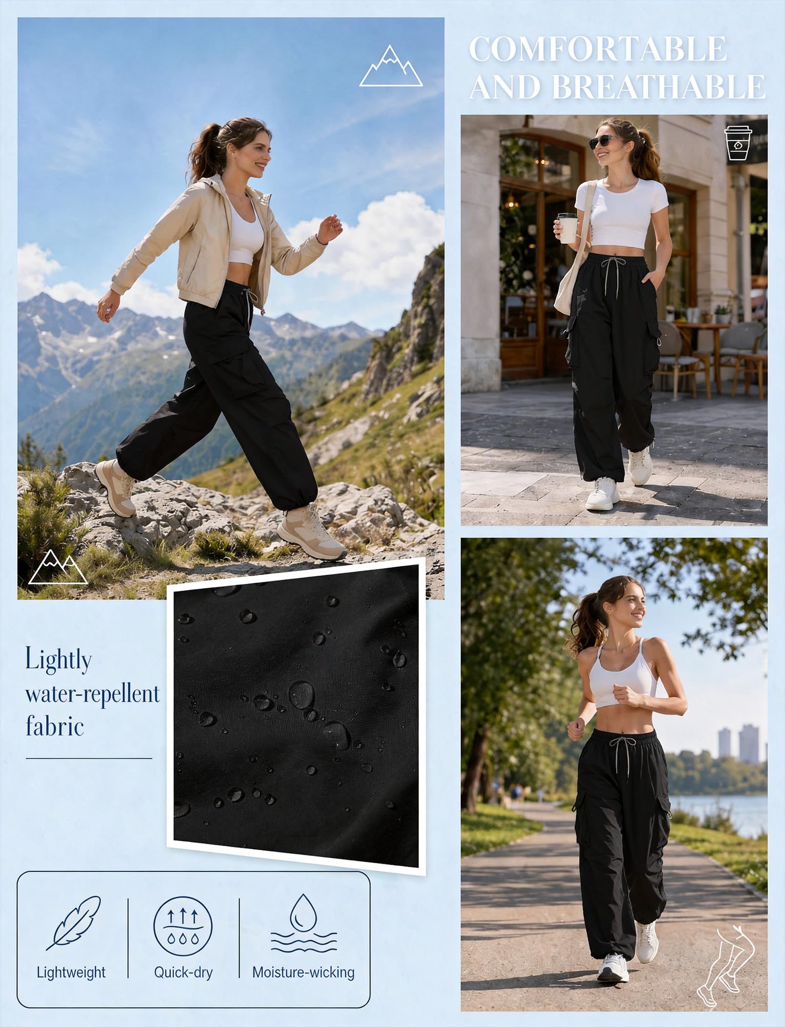 FEOYA Pantalon de randonnée pour femme - Imperméable - Séchage rapide - Pantalon d'extérieur - Jambe large - Pantalon cargo - Baggy - Pantalon parachute - Taille haute - Pantalon de trekking