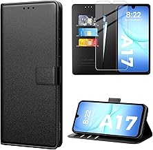 caslord Case for Samsung Galaxy A17 4G/5G, Premium PU Leather Mobile Phone Case, RFID Blocking Flip Case [With 1 Piece Tempered Protection Glass] Compatible with Samsung Galaxy A17 4G/5G - Black