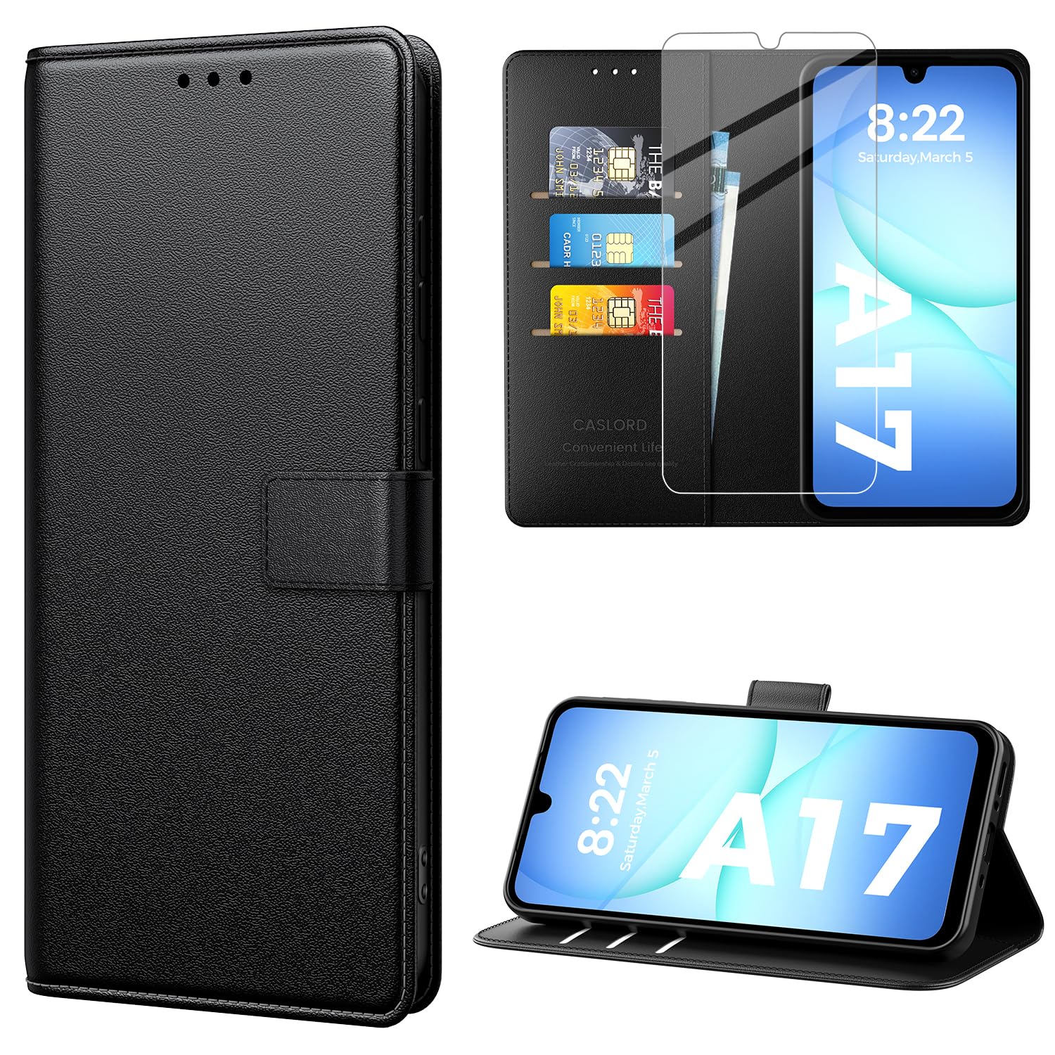 caslord Hülle für Samsung Galaxy A17 4G/5G, Premium PU Leder Handyhülle, RFID-Blockierung Klapphülle [Mit 1 Stück Panzer Schutz Glas] Kompatibel mit Samsung Galaxy A17 4G/5G -Schwarz