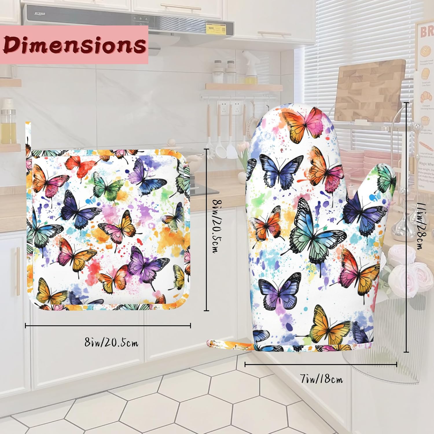 Butterfly Heat-Resistant Silicone Oven Mitts and Pot Holder 4 Piece Set,Colorful Non-Slip Kitchen Oven Gloves for Baking, BBQ, Cooking,Grilling