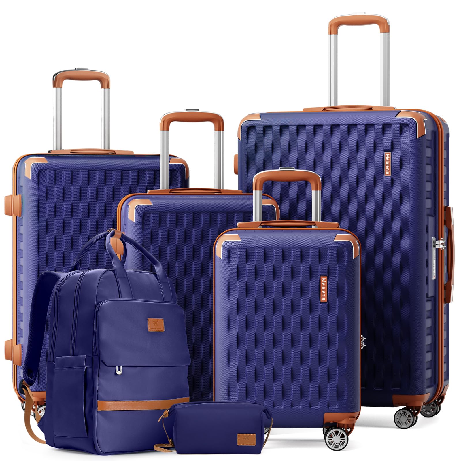 Melalenia Suitcase Sets 6 Piece Hard Shell Carry on Luggage with Spinner Wheels and TSA Lock, Lightweight Travel Backpack for Women, Men, Navy Brown