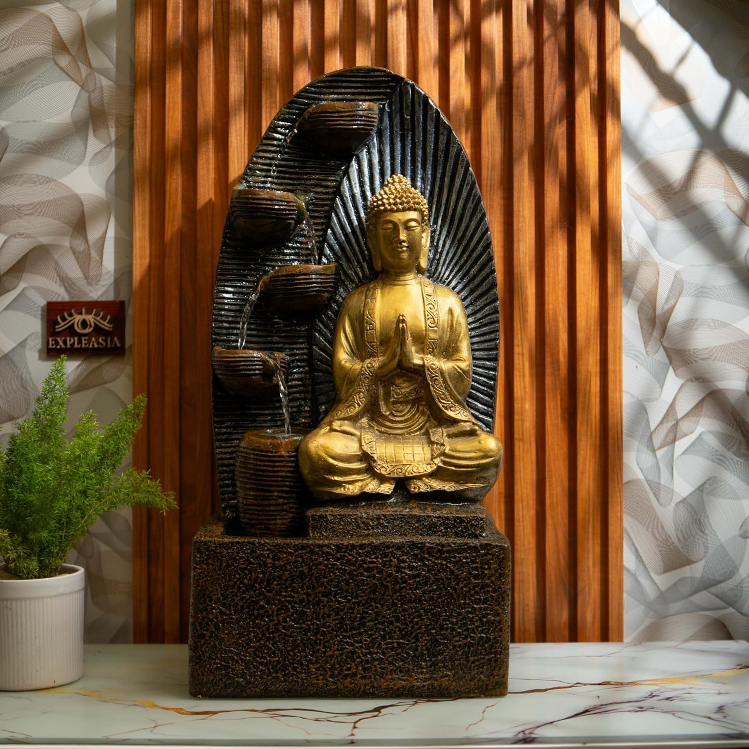 EXPLEASIA Sitting Buddha Water Fountain, Indoor Fountain Big Size, Water Fountain for Home vastu, Waterfall Fountain Indoor Home décor, Buddha Idol (Brown Gold)-image-4