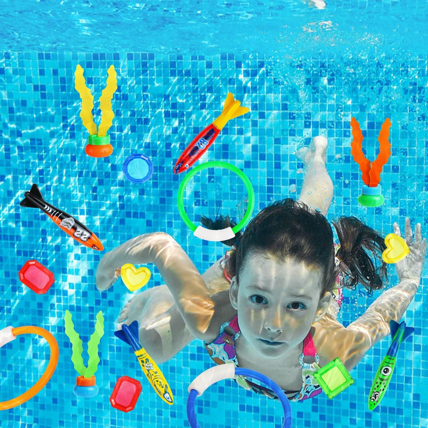 DERAYEE 20pcs Jouet de Plongée,Jouets Piscine Enfant avec Torpilles & Anneaux & Algues & Diamants