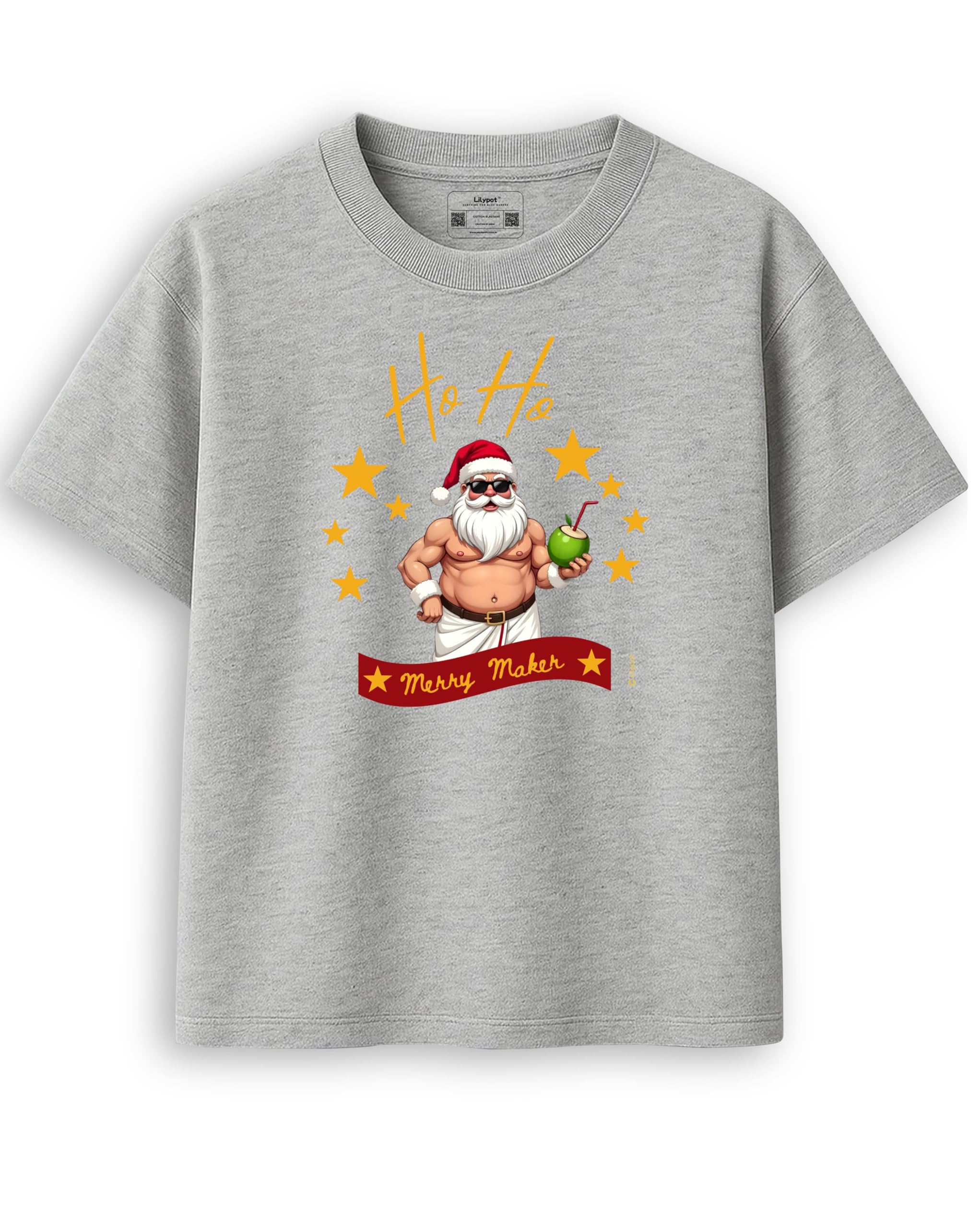 lilypot Unisex Cotton Oversized White T-Shirt | Bio-Wash Half Sleeve Round Neck Tee | Christmas Design | Kerala Christmas Vibes | HO HO Printed Tshirt for Men & Women-picture-23