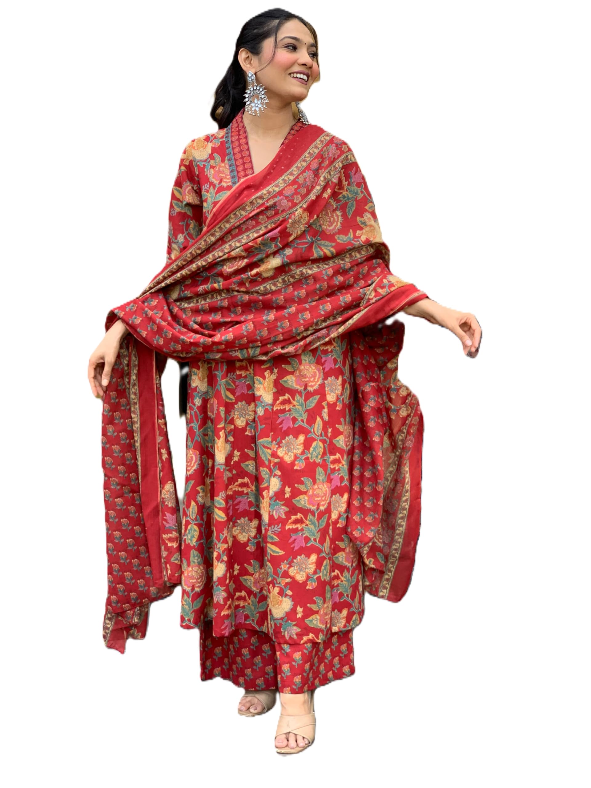 AraynaWomen's Pure Cotton Block Printed Kurta Set with Palazzo Pants & Dupatta - Ethnic Wear, Yellow