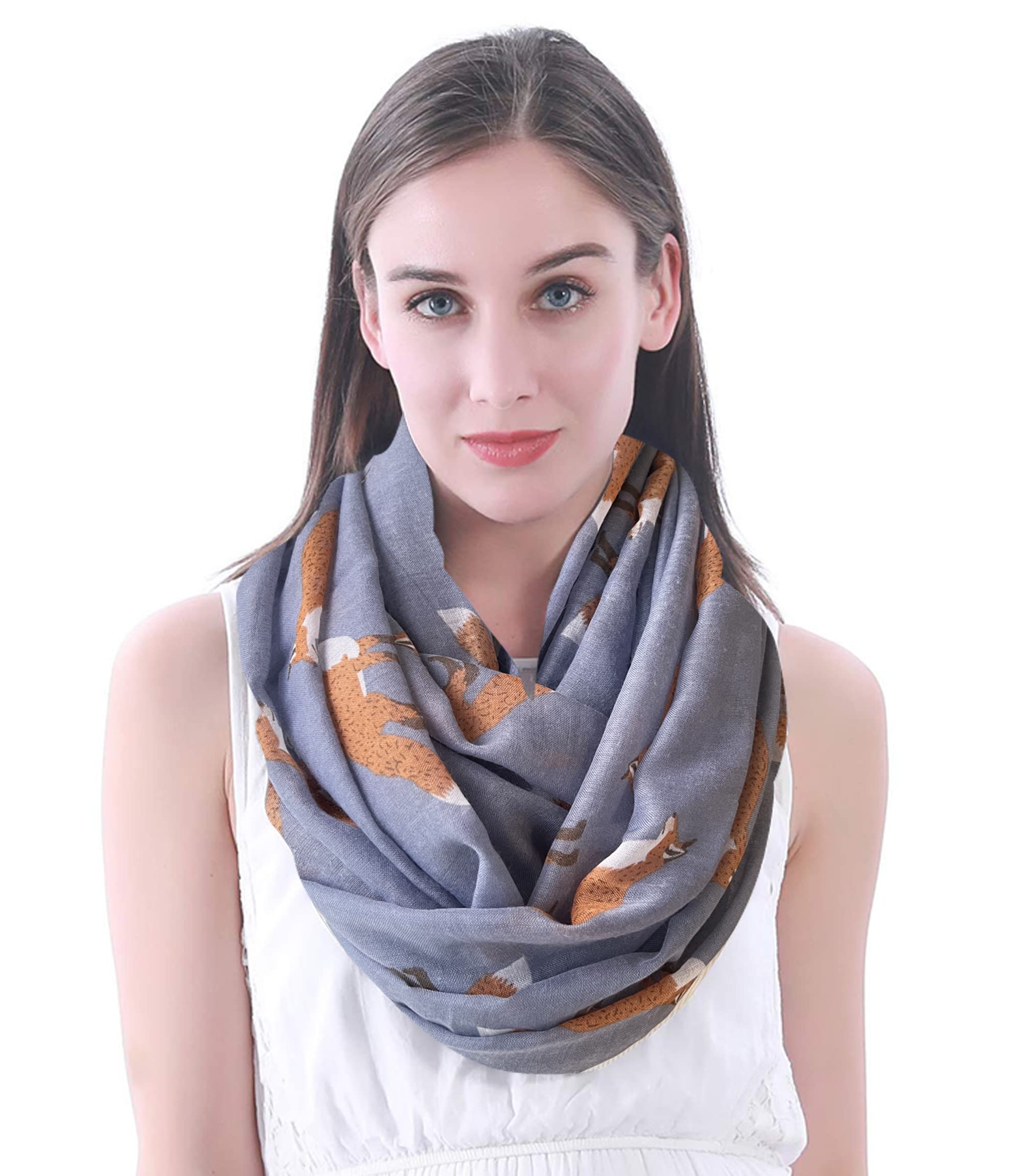 Lina & Lily Fox Animal Print Ladies Lightweight Snood Infinity Scarf (Grey)