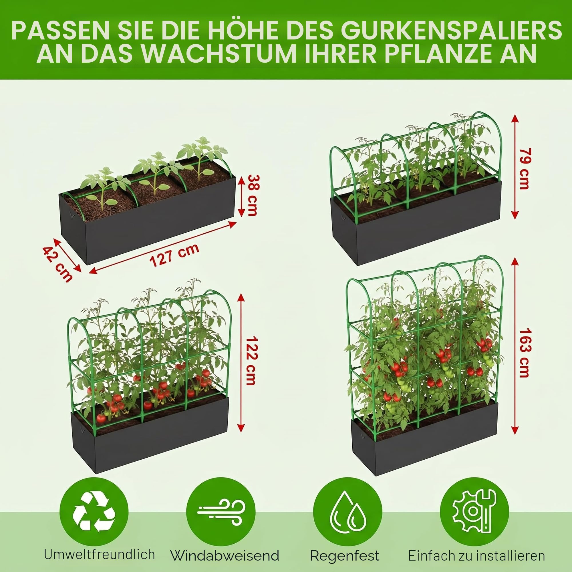 Gurken Rankhilfe 127 x 162cm mit Pflanztasche, 2-in-1 Rankhilfe für Gurken & Tomaten, Höhenverstellbares Tomatenkäfig mit atmungsaktiver Stoffplanter für Garten, Balkon & Terrasse
