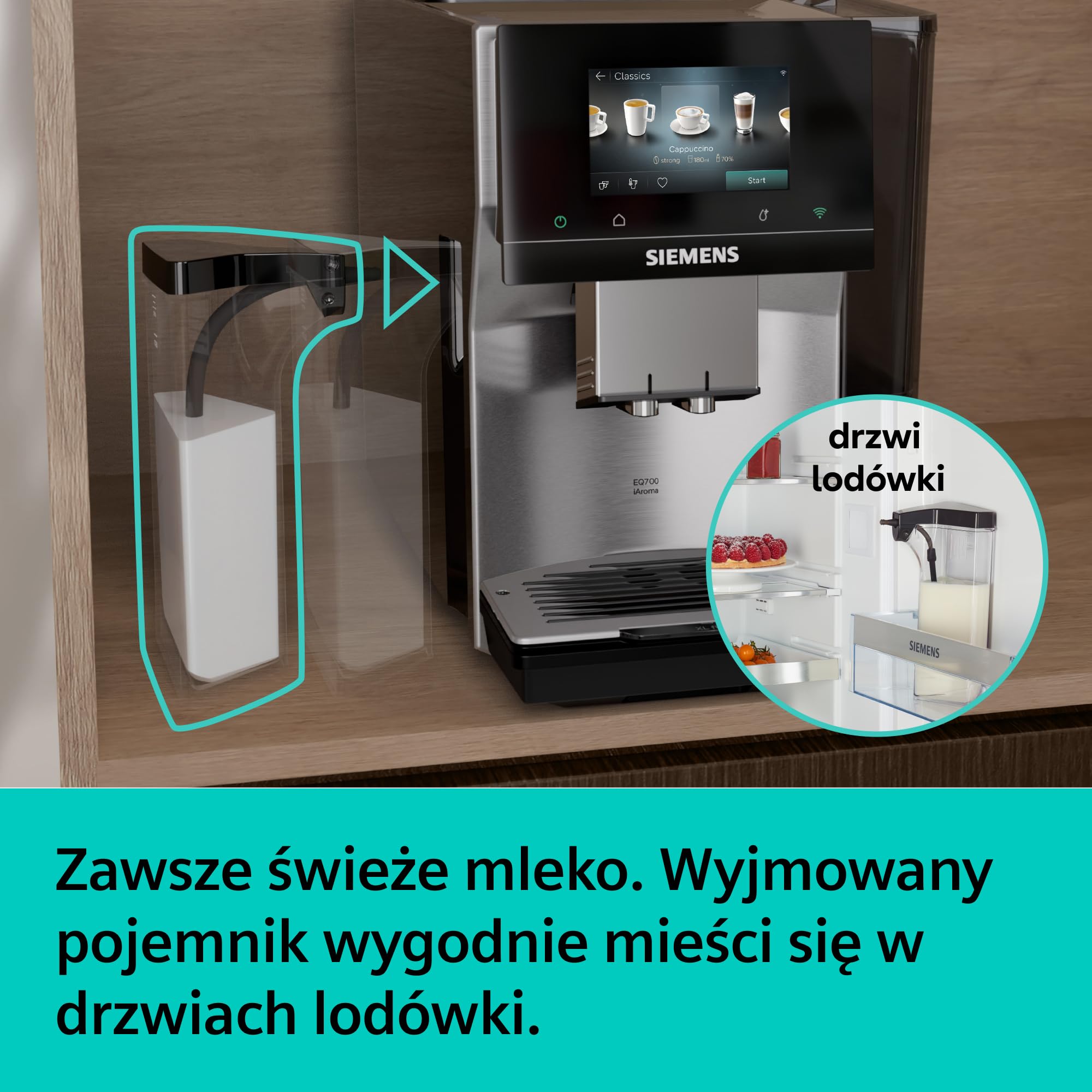 Siemens, automatyczny ekspres do kawy, EQ700 iAroma, wyświetlacz dotykowy, zintegrowany pojemnik na mleko, podgrzewacz filiżanek, Cold Brew i Slow Brew, stal nierdzewna/czarny, TQ727E03