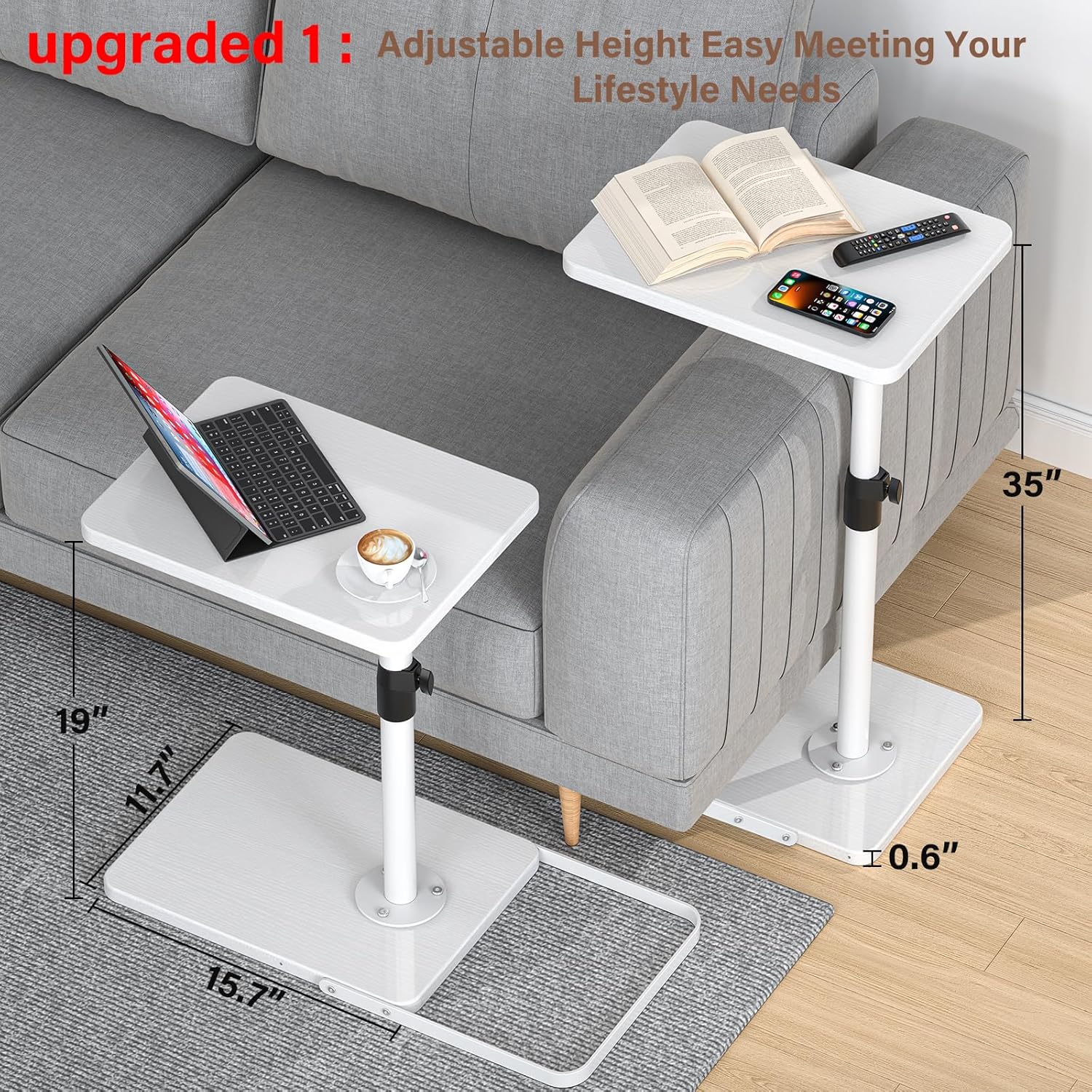 C Table End Table Adjustable Height, 360°Swivel TV Tray Table, Upgraded Metal and Wooden Base to Prevent Slipping, Couch Armrest Tables Snack Tables for Laptop Sofa Bed Dinner or Small Space (white)