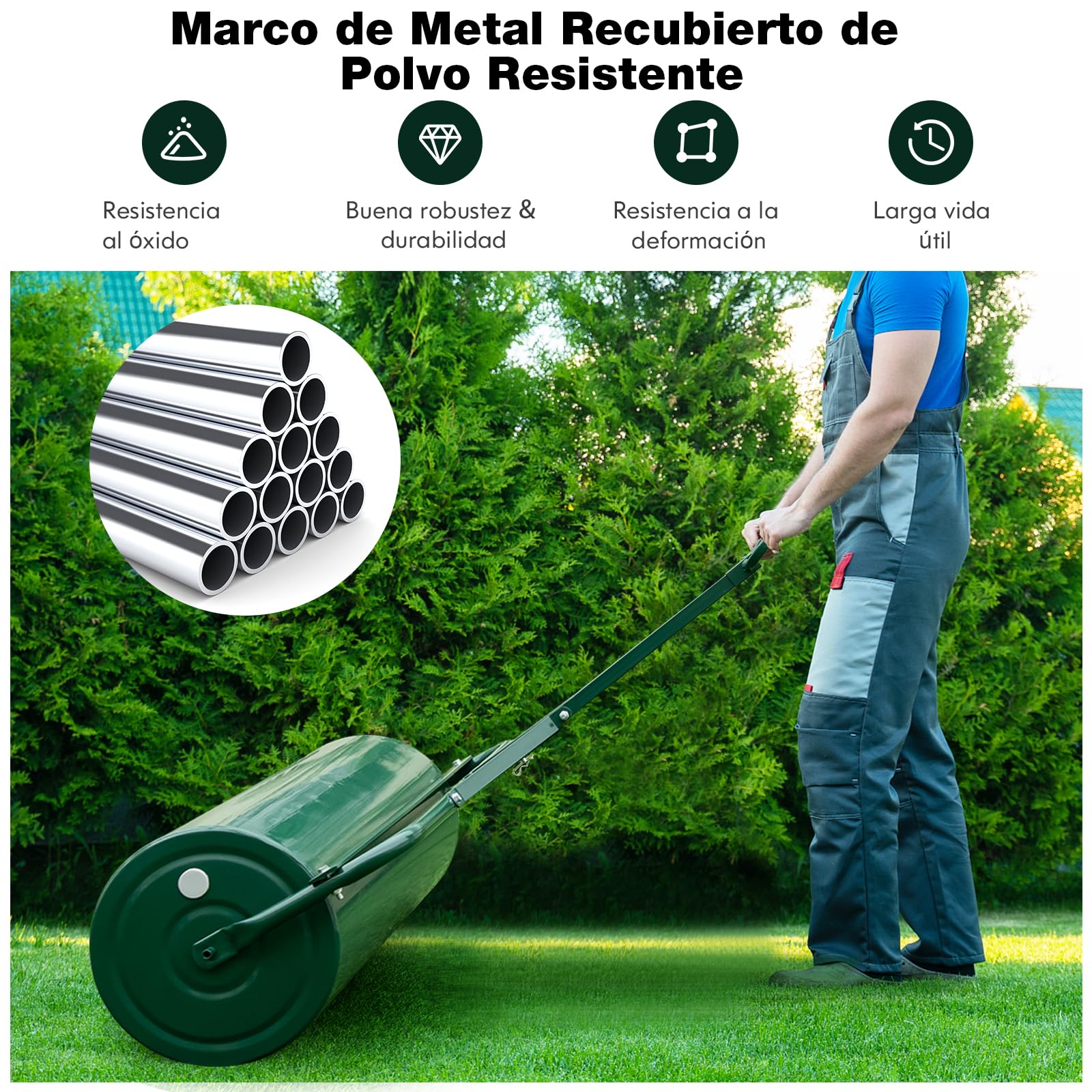 GOPLUS Rodillo de Jardín para Césped 113 L, Rodillo de Jardín de Metal, Relleno con Arena/Agua, Diversos Modos de Uso, Asas de Fácil Agarre, Φ40x90cm (Verde)