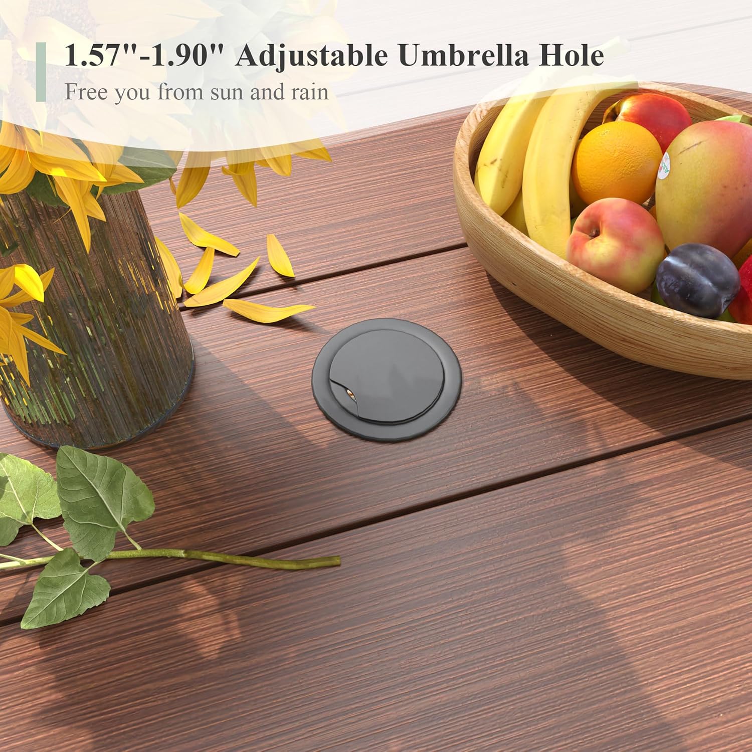 47.2" Patio Dining Table for 6, Round Outdoor Metal Dining Table with Umbrella Hole for Lawn Garden Backyard, Walnut