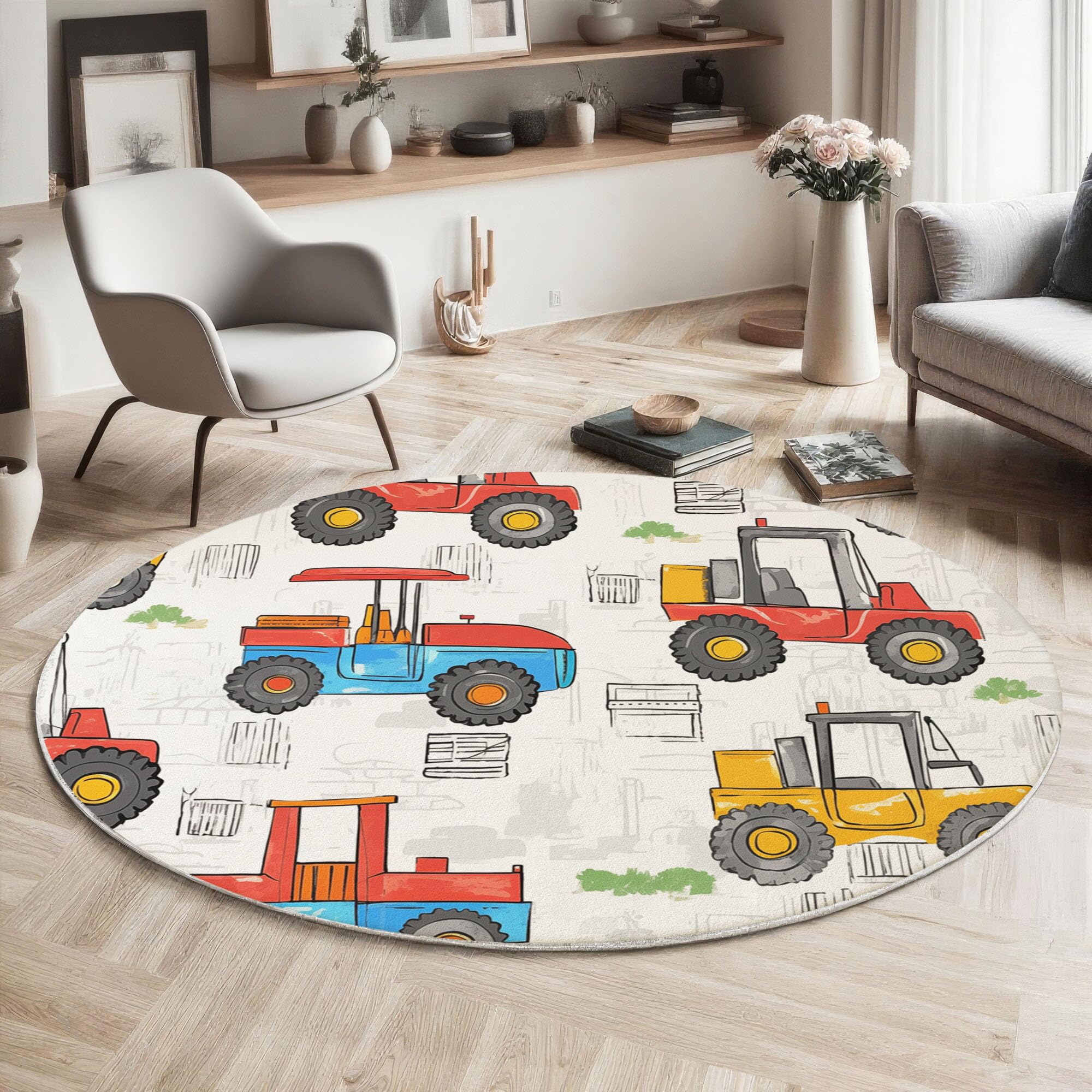 Tappeto Rotondo Giallo Tappeti 100cm Salotto Moderno Lavabile in Antiscivolo cartone animato disegnato a mano Veicoli costruzione carrelli elevatori Carpet Cameretta Scendiletto Pelo Corto