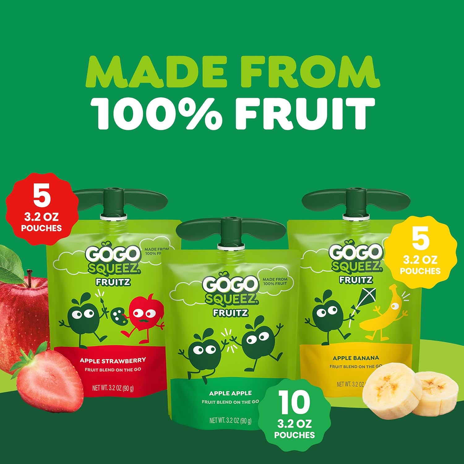 GoGo squeeZ No Sugar Added Applesauce and Fruit Puree Variety Pack, Apple, Banana & Strawberry, 3.2 oz Pouches (Pack of 20), Fruit Snacks for Kids, Gluten Free, Nut Free, Recloseable Cap, BPA Free