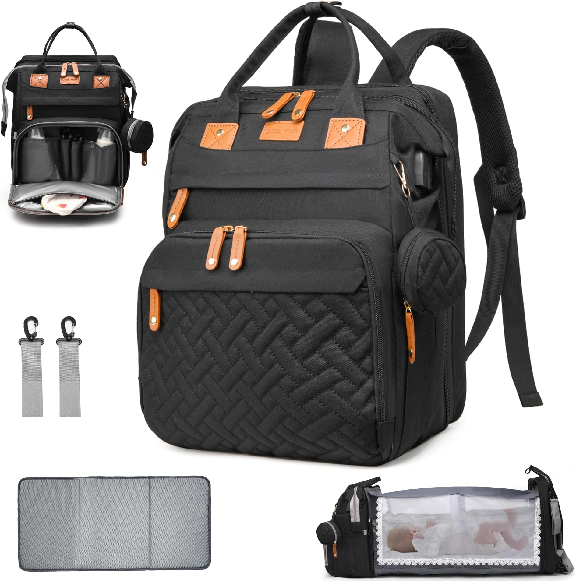Diaper Bag with Changing Station, Multifunction Travel Baby Bag, Waterproof Baby Tote, Large Capacity Mommy Bag, Newborn Essentials Backpack Bag, Unisex, Black