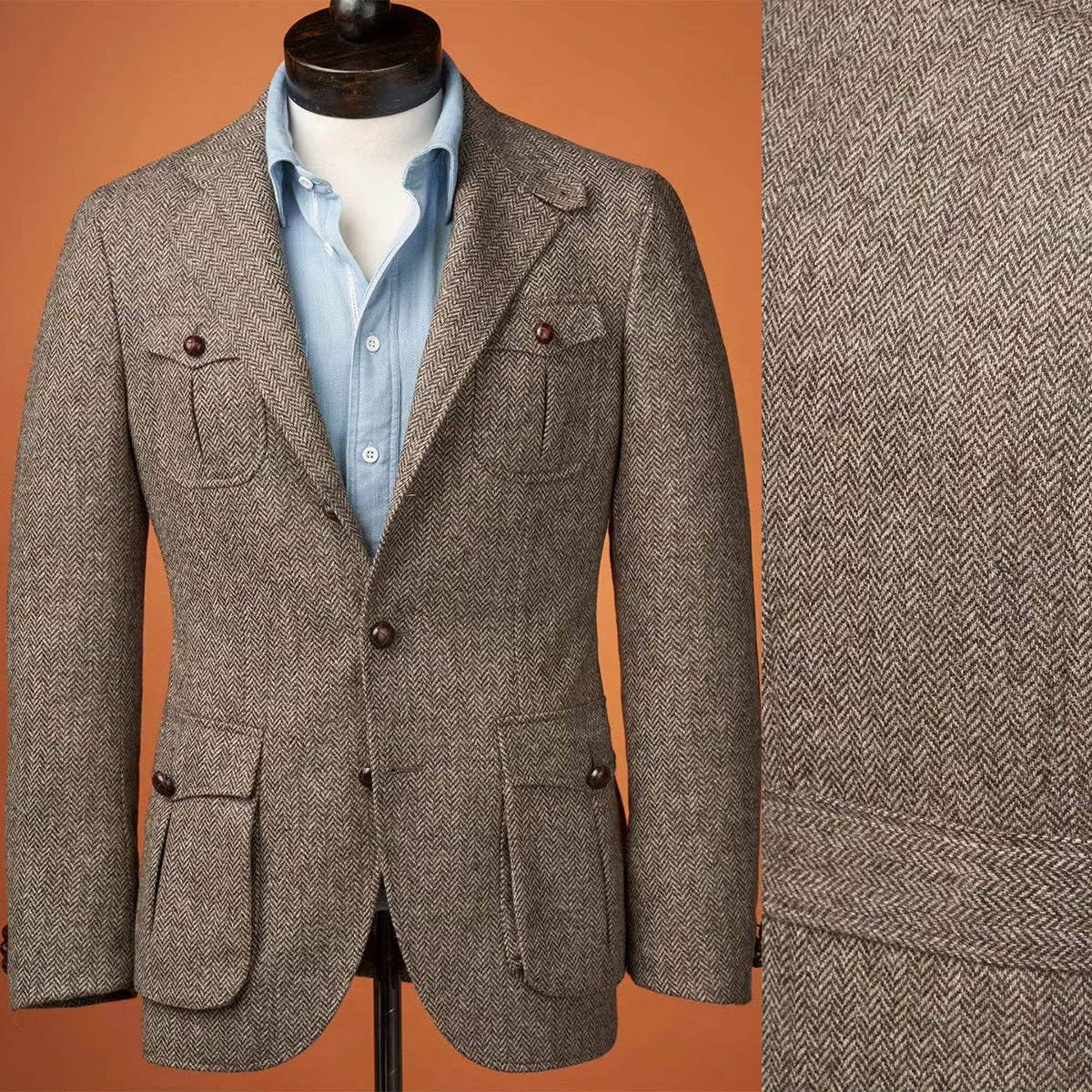 Manteaux de sport en tweed à chevrons pour homme - Deux boutons - Style décontracté - En laine mélangée - Marron - Vintage